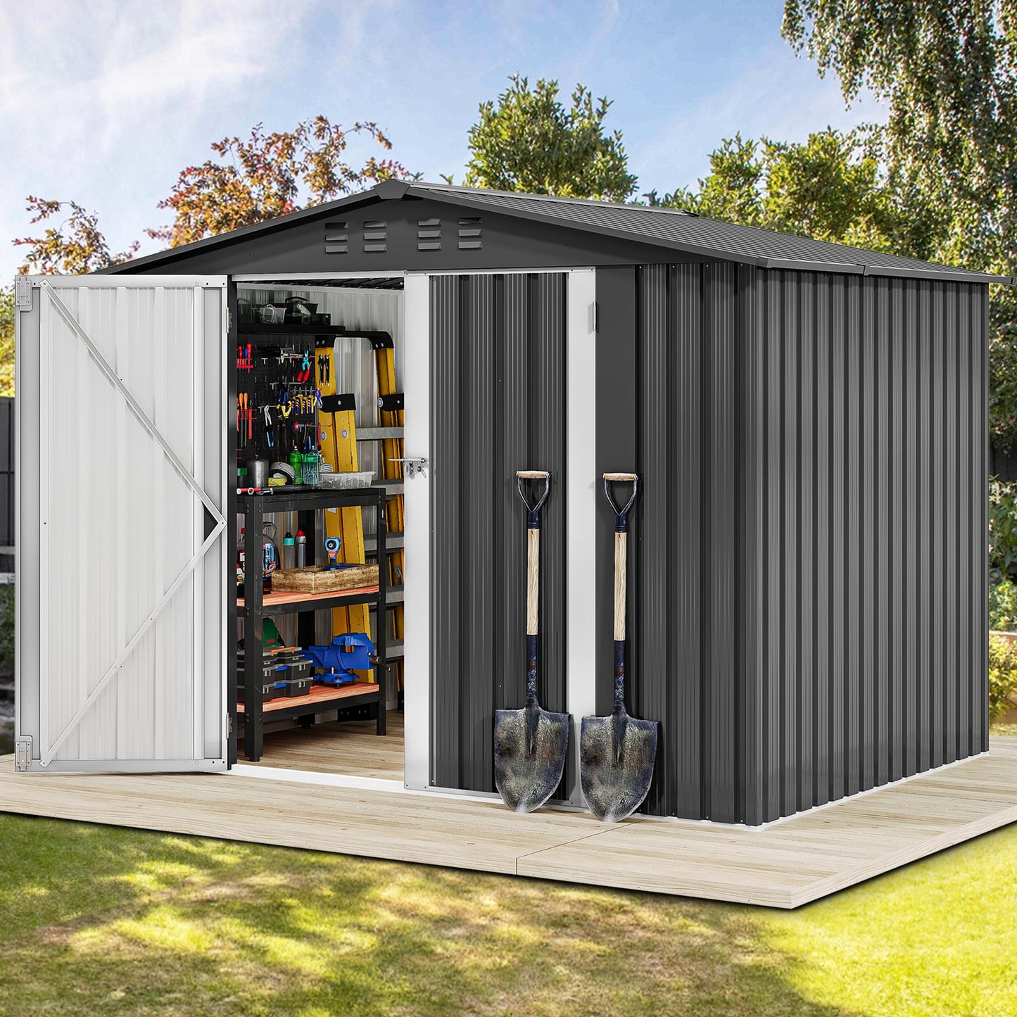DWVO 7x5FT Outdoor Storage Shed, Roomy Steel Tool Shed with Secure Entrances & Air Circulation for Patio, Lawn, and Backyard, Ideal for Storing Garden Gear, Lawn Tools, and Bikes, Dark Gray