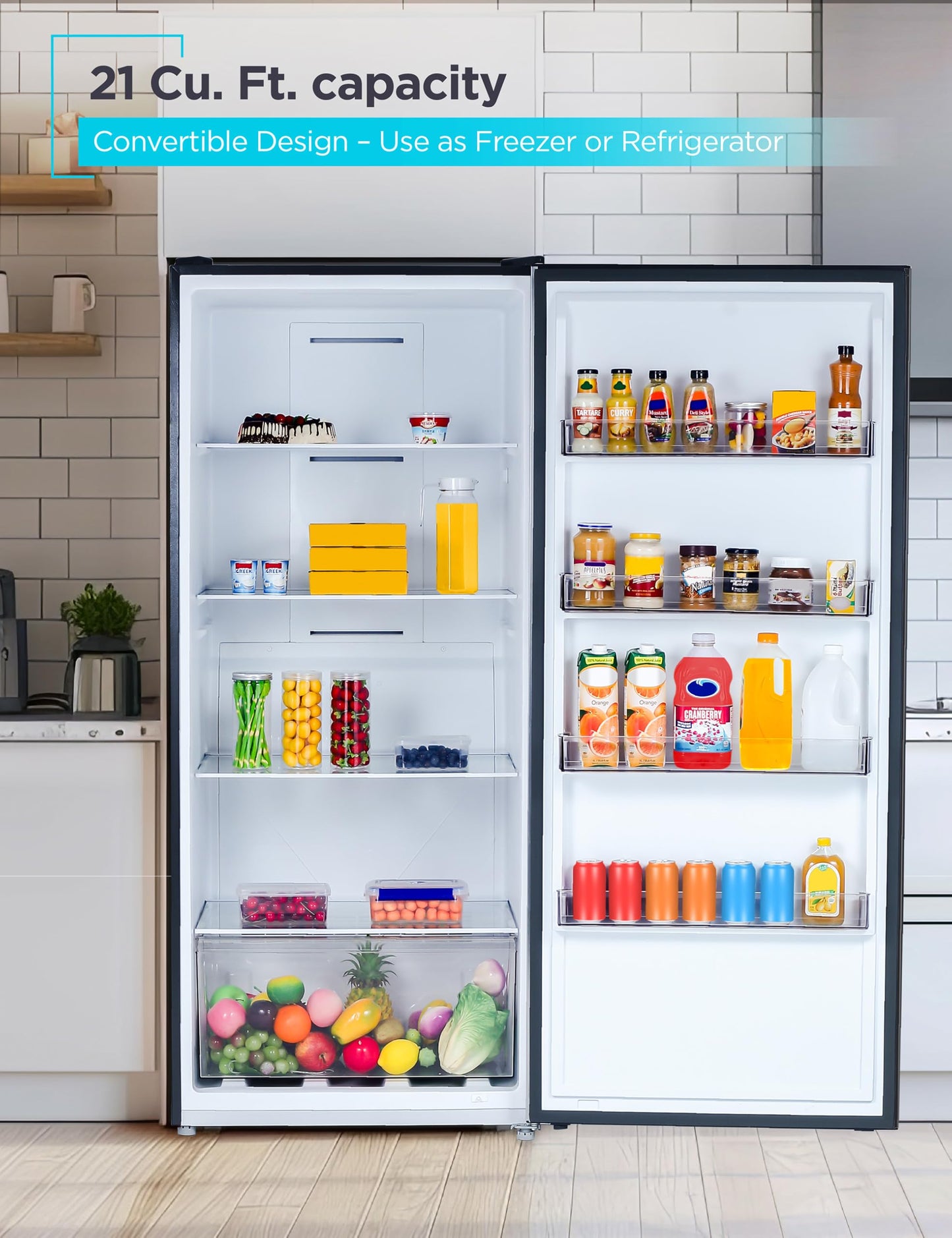 BLACK+DECKER 21 Cu. Ft. Convertible Freezer Refrigerator, Upright Freezer or All Fridge with Glass Shelves, Reversible Door, R600a Refrigerant, ENERGY STAR rated, Frost Free, BUC2100JB, Black