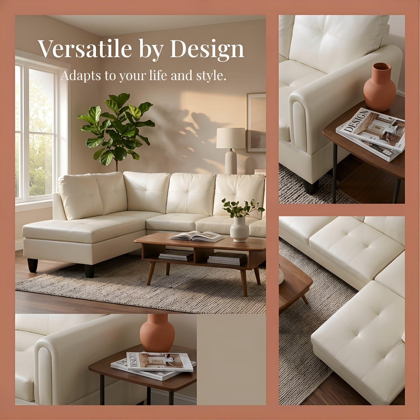 NicBex Leather Couches for Living Room, 2-Piece 97" L-Shaped Sectional Couch with Movable Chaise, Modern Sofa Living Room Set for Apartment, Office & Bedroom, Pearl White