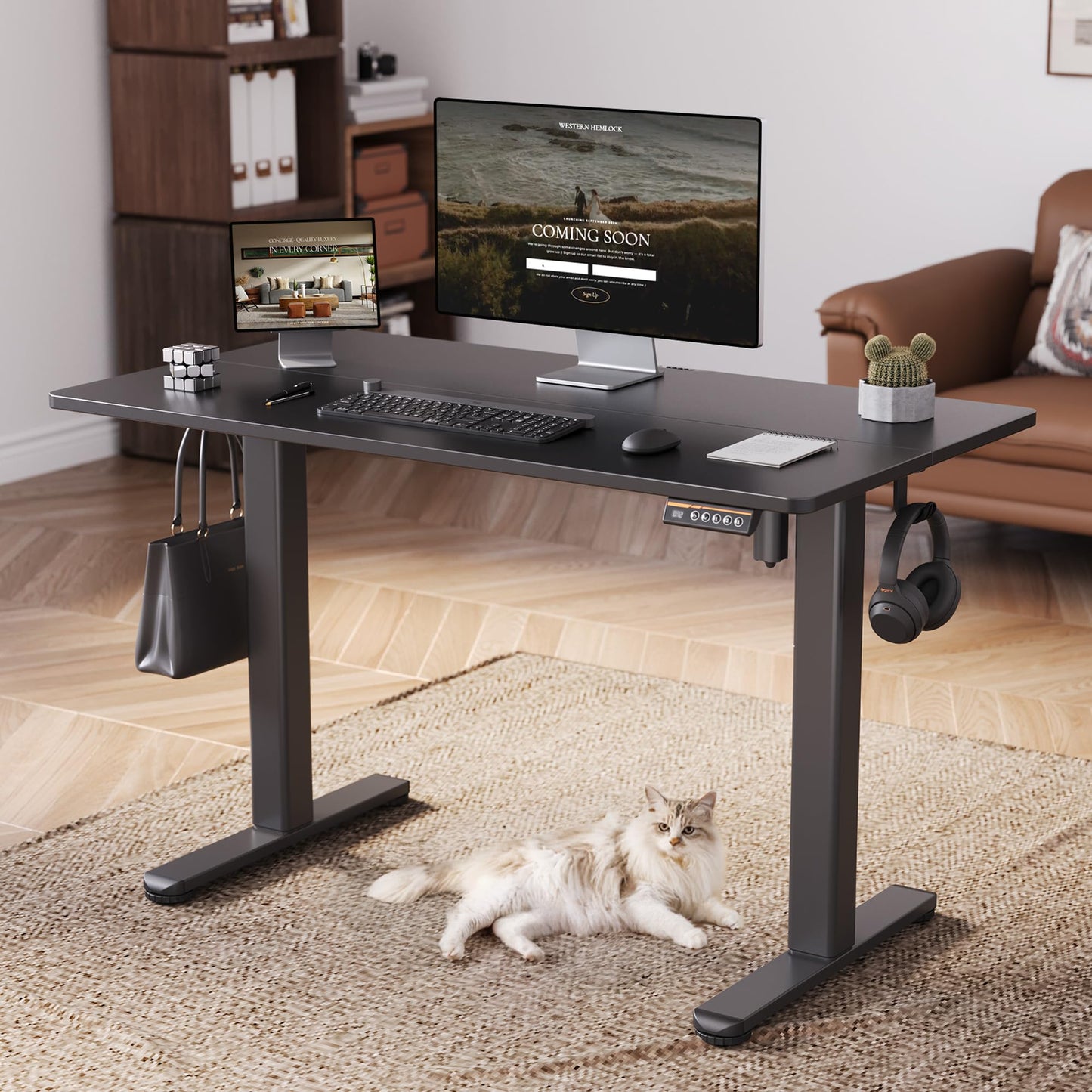 Claiks Electric Standing Desk, Adjustable Height Stand up Desk, 55x24 Inches Sit Stand Home Office Desk with Splice Board, Black Frame/Black Top