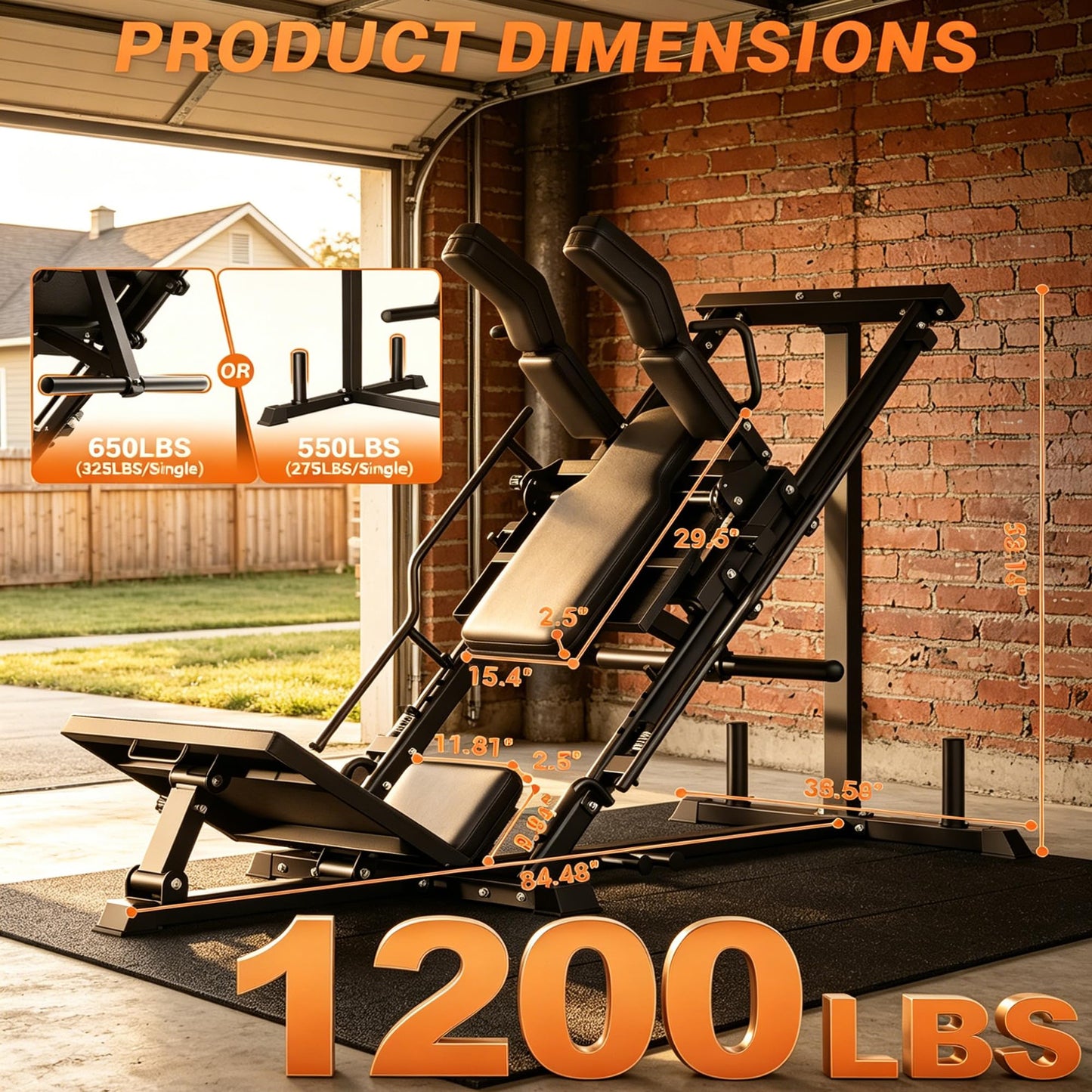 Leg Press Hack Squat Machine 2-in-1 for Home Gym, Linear Bearing System, 1200LB Capacity, 4-Position Safety Stops & Weight Storage, Lower Body Workout Equipment (Weights Not Included)
