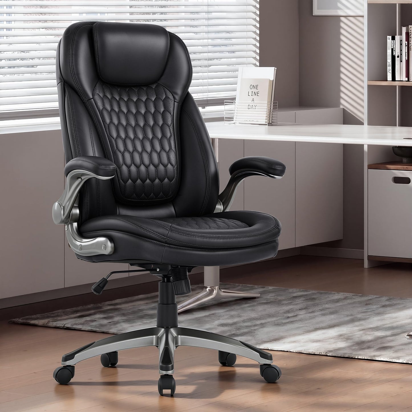 COLAMY Executive Office Chair, Bonded Leather Desk Chair with Flip-Up Arms, Lumbar Support, Ergonomic Tilt & Tension Control for Home Office