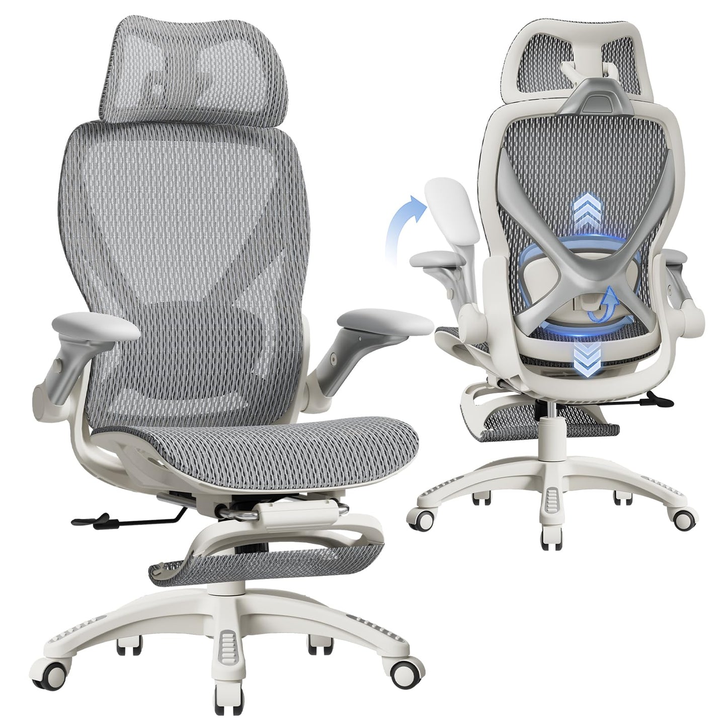ELABEST X100 Ergonomic Mesh Office Chair with Footrest, Big and Tall Home Desk Chair with 5D Flip-Up Arms, Adjustable 3D Lumbar Support, Gaming & Executive Computer Chair, First Light