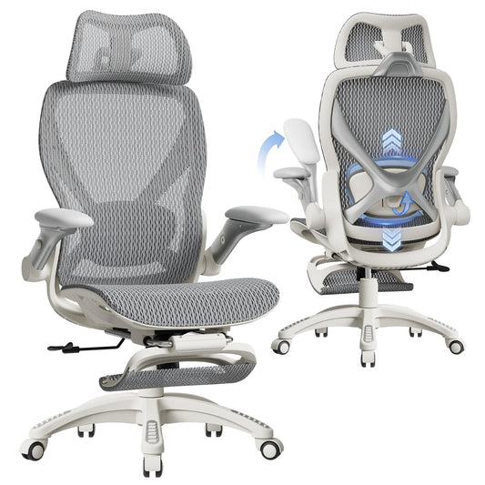 ELABEST X100 Ergonomic Mesh Office Chair with Footrest, Big and Tall Home Desk Chair with 5D Flip-Up Arms, Adjustable 3D Lumbar Support, Gaming & Executive Computer Chair, First Light