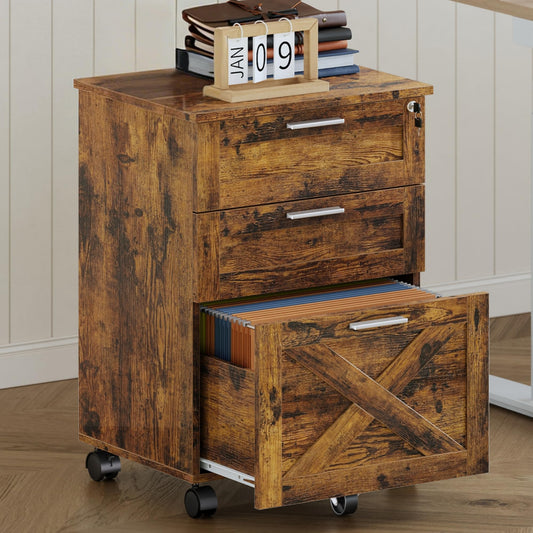 3-Drawer Rolling File Cabinet with Lock - Wooden Mobile Filing Cabinet for Home Office, Under Desk Storage Organizer fits Letter/A4/Legal Size, Sturdy Printer Stand with Locking Casters, Rustic Brown