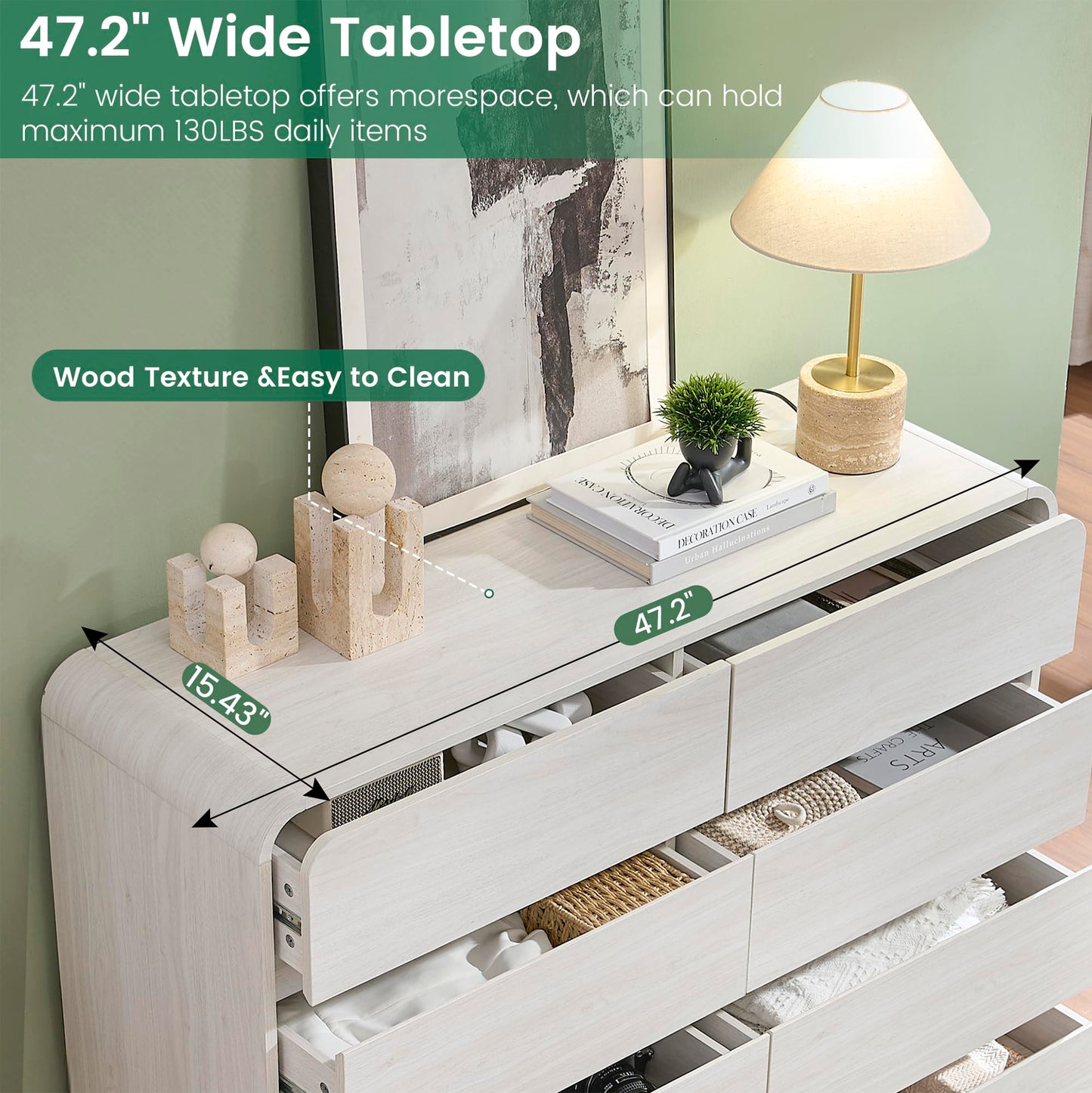 Standifurno 47’’ Wide Dresser with 8 Drawers, White Chest of Drawers with Deep Drawers & Handleless, Wooden Storage Organizer for Bedroom, Living Room, Hallway