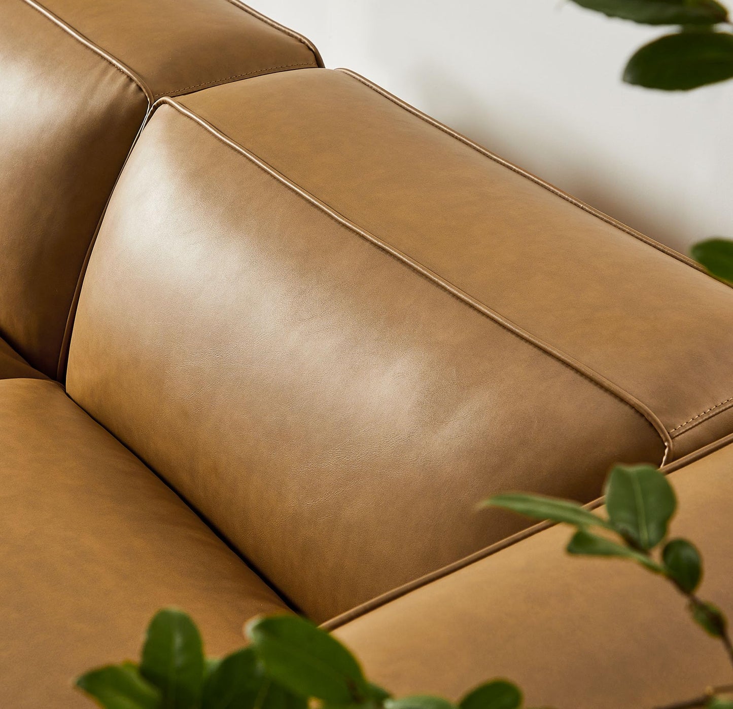 Modway Auren Vegan Leather 3 Piece Modular Sofa in Camel - Faux Leather Loveseat with Ottoman - Comfy 2 Seater Sofa with Footstool - Mid Century Couch for Living Room, Apartment, Loft