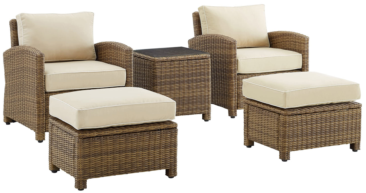 Crosley Furniture Bradenton 5-Piece Outdoor Chair Patio Furniture Set, Wicker Conversation Sets for Porch, Weathered Brown with Sand Cushions