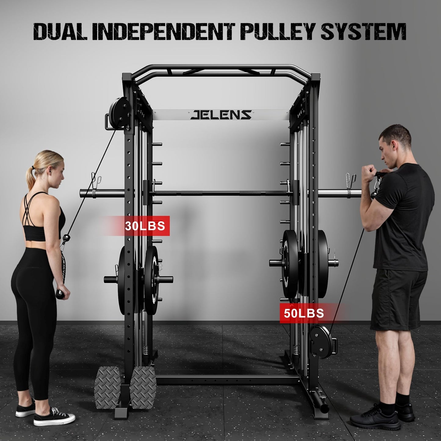 JELENS M21 Smith Machine, Multi-Function Power Cage with Dual Pulley Cable Crossover System, 2000LBS All-in-One Squat Rack with Smith Bar and Attachments (Black, M21 Home Gym Package)
