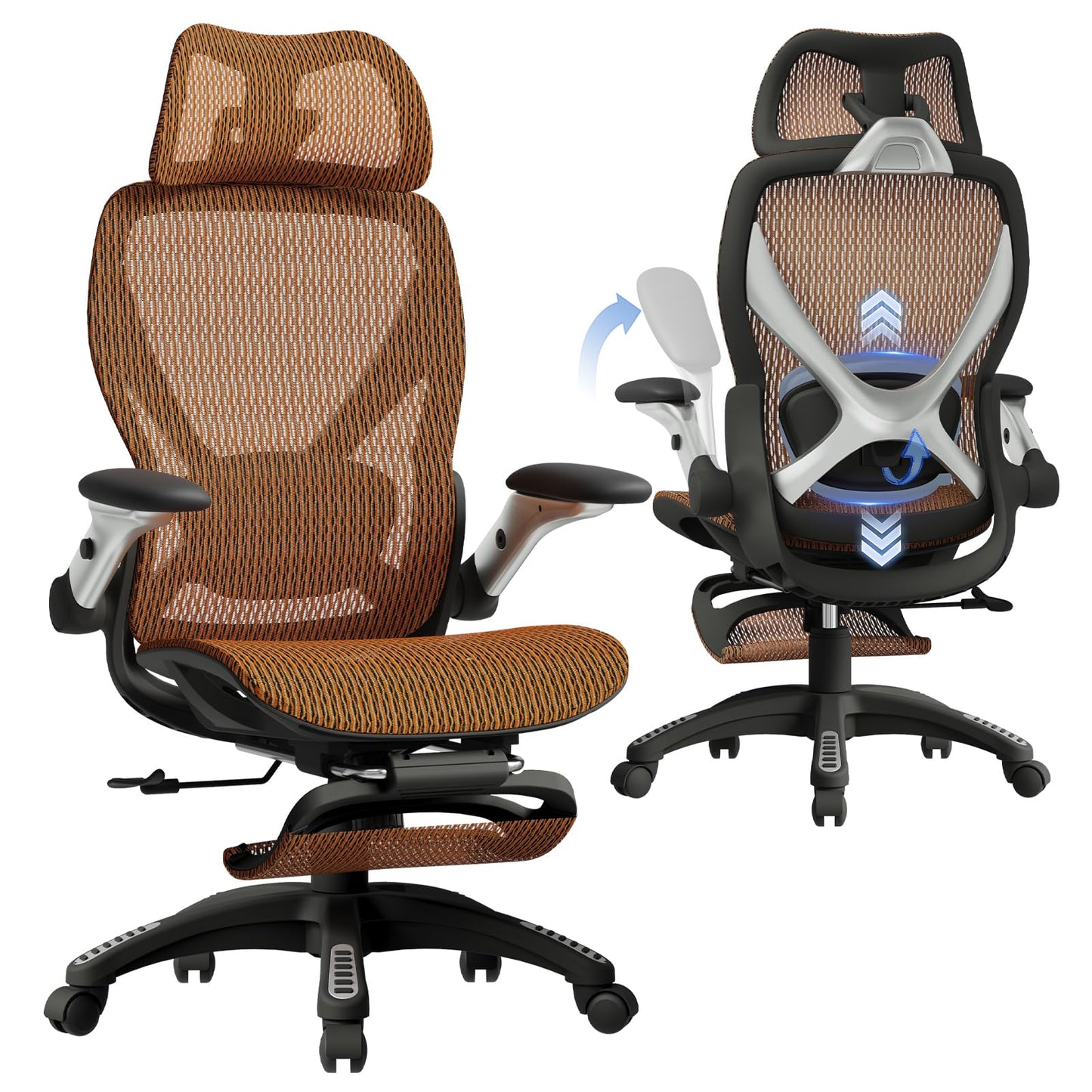 ELABEST X100 Ergonomic Office Chair with Footrest, Big and Tall Home Desk Chair with 5D Flip-Up Arms, Adjustable 3D Lumbar Support,High Back Rolling Computer Chair, Swivel Mesh Chairs