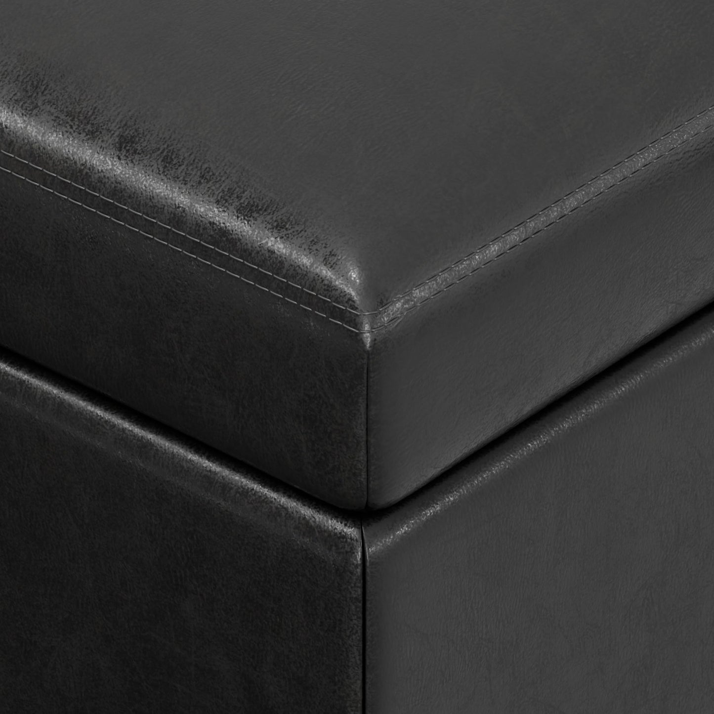 SIMPLIHOME Oregon Storage Ottoman Bench with Tray - 42 inch Wide Upholstered Vegan Leather Rectangle Ottoman Bench in Distressed Black, Transitional Tufted Ottoman for Living Room with Lift-Up Lid