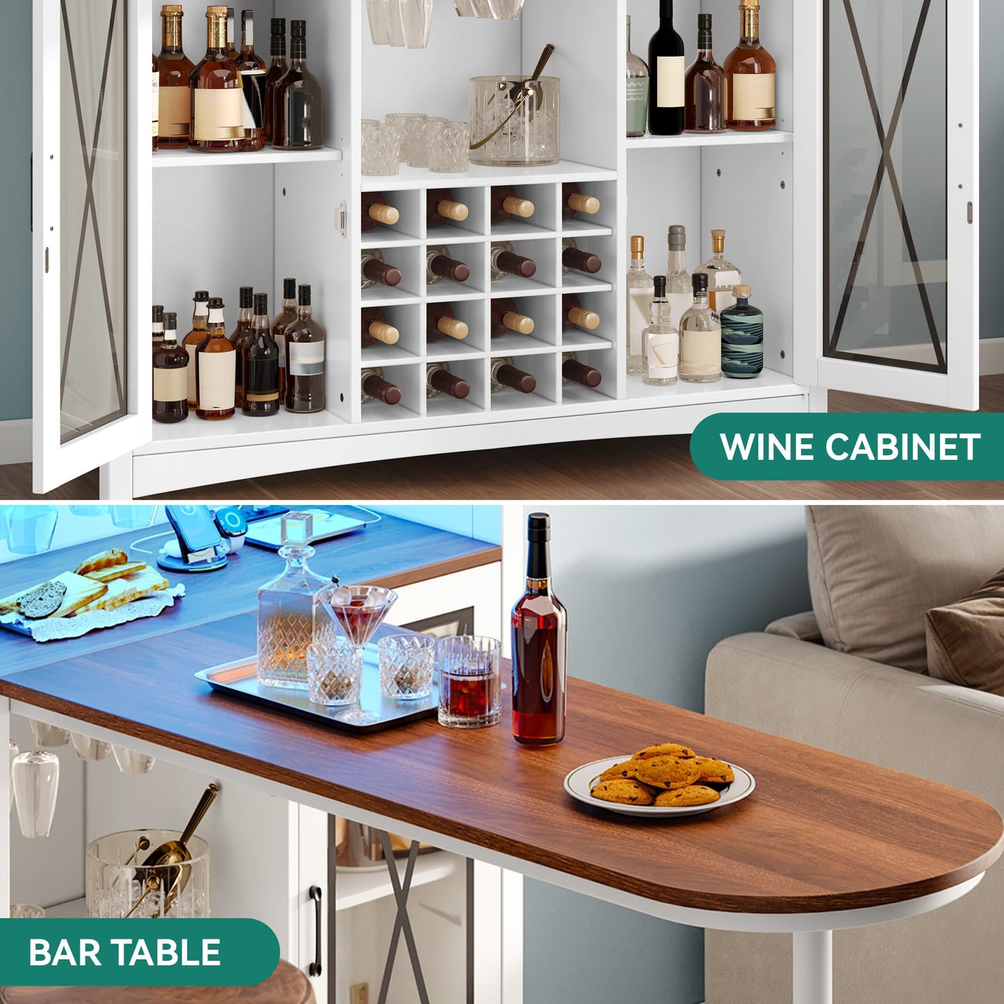 YITAHOME Mini Bar Unit for Home with LED Light & Wine Bar Cabinet, Large Tall Height Bar Table with Wine Rack, Farmhouse Coffee Station with Storage Glasses Hanger for Kitchen Pub, Walnut & White