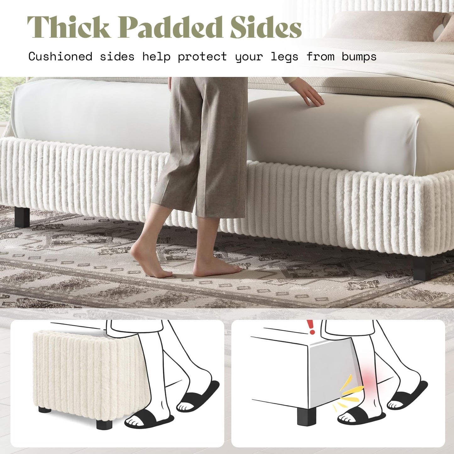 AMERLIFE King Bed Frame, Upholstered Metal Platform Bed with Vertical Channel Tufted Headboard, Soft Fabric & Strong Metal Slats, No Noise/Easy Assembly, White King Upholstered Bed and Headboard