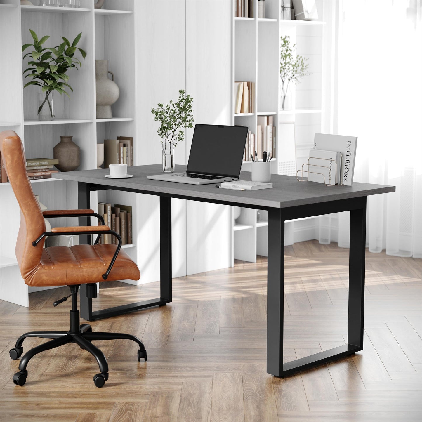 Flash Furniture Redmond Conference Table with U-Frame Base, Commercial Water and Scratch Resistant Laminate Finish, PVC Edge, Heavy Duty Steel Frame, 60x30, Gray Oak
