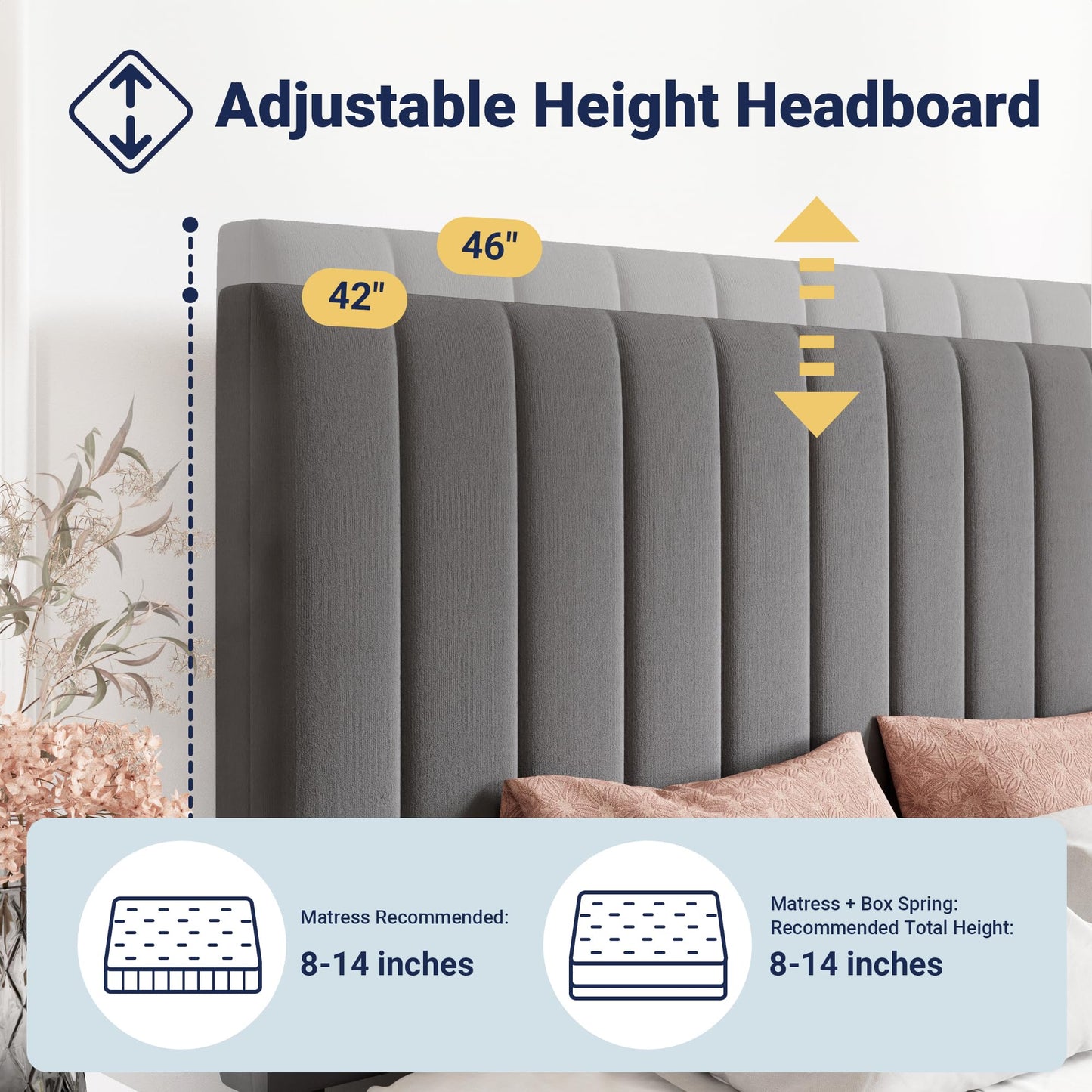 Allewie Queen Size Storage Bed Frame, Vertical Channel Tufted Adjustable Headboard, Velvet Upholstered Platform Bed with 4 Oversized Underbed Drawers, Wooden Slats Support, No Box Spring Needed, Grey