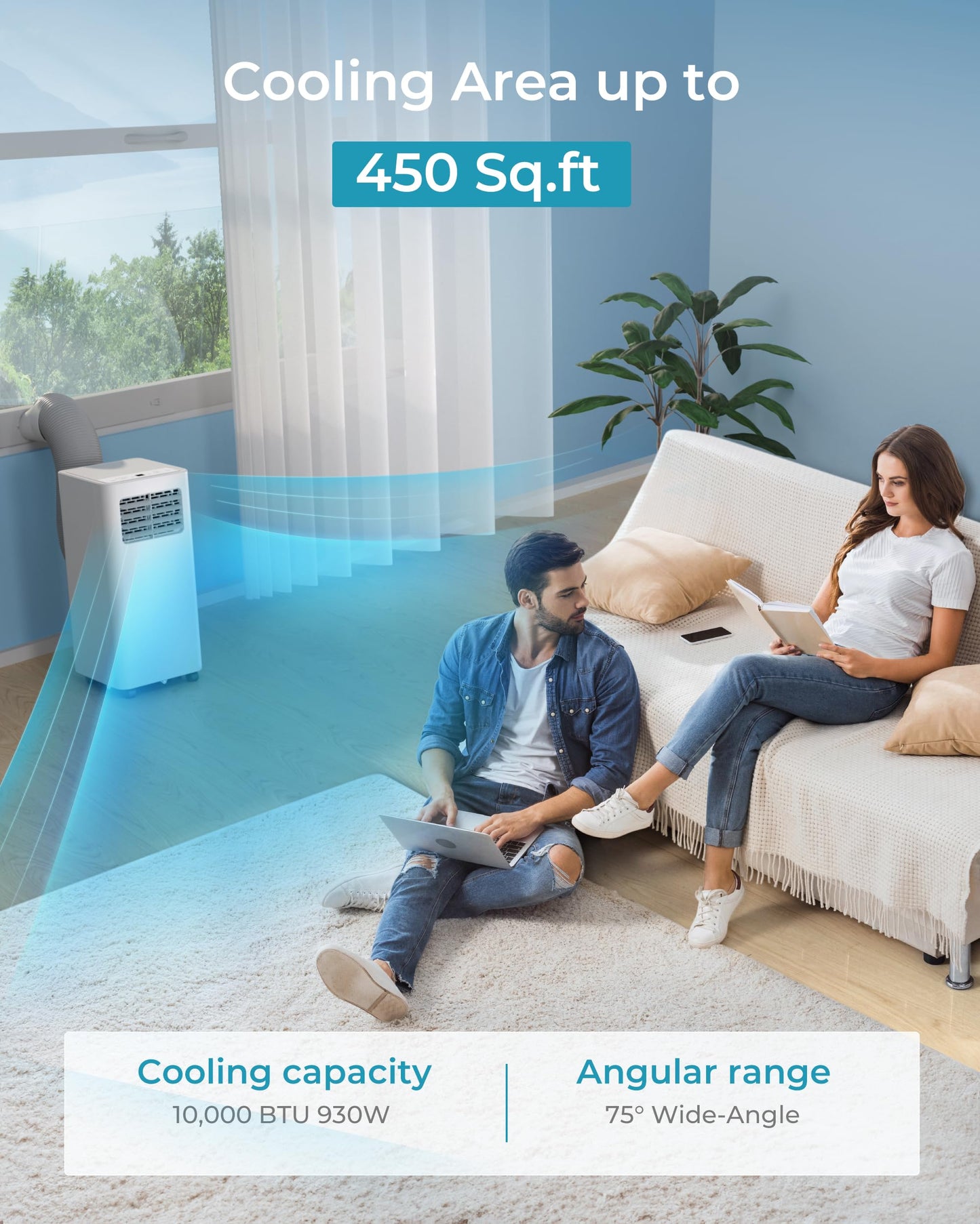 EUHOMY Portable Air Conditioners 10,000 BTU, 4-in-1 Air Conditioner Portable Up to 450 Sq.Ft. with Cool, Fan, Dehumidifier, Sleep, Portable AC Unit with LED Remote & 24H Timer, Installation Kits