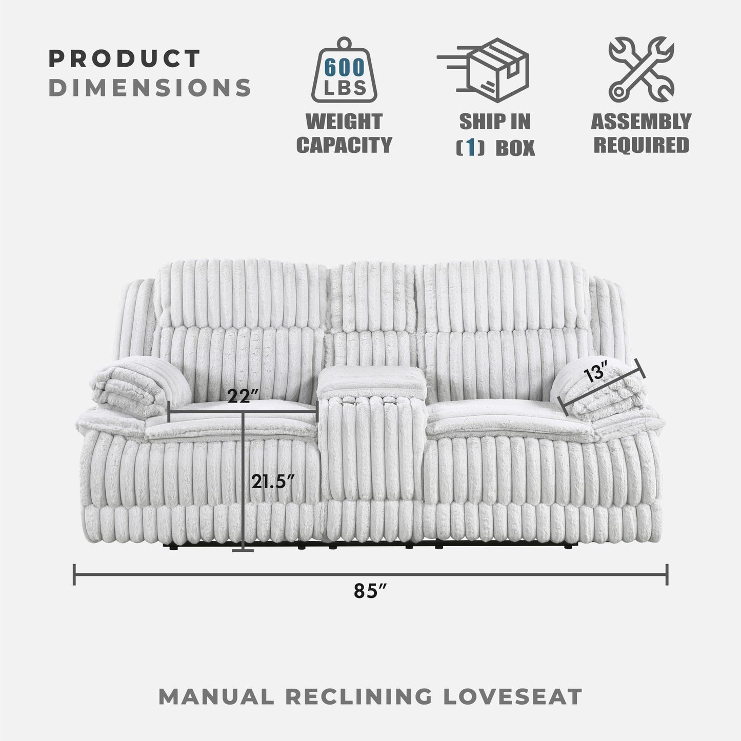 Lexicon Manual Double Reclining Loveseat with Center Console, Corduroy Manual Wall Hugger Recliner Couch, Pillow Top Arms, Cup Holders, Hidden Storage, Cozy Loveseat for Living Room, Gray