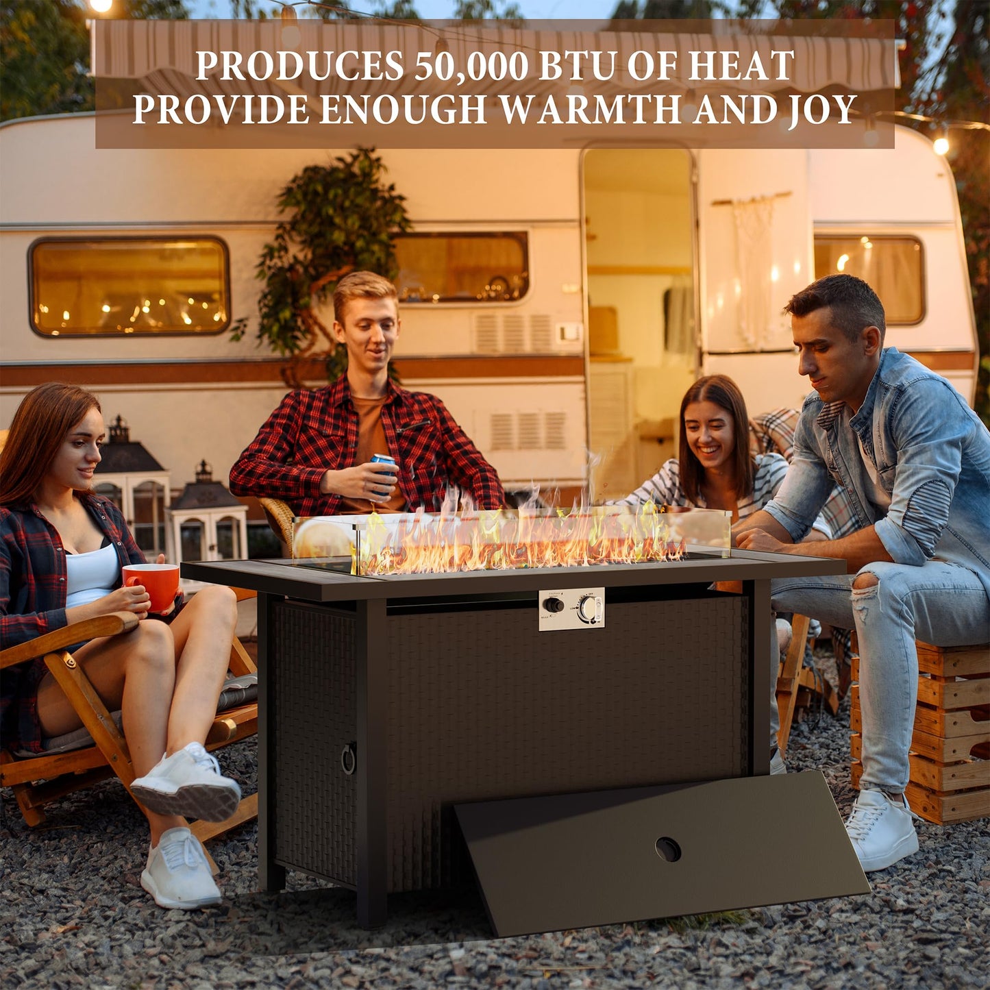 45 inch Outdoor Propane Fire Pit 50,000 BTU Gas Fire Pit Table with Lid, Glass Wind Guard, Waterproof Cover, Rectangle Gas Firepit Table for Garden/Patio, CSA Certification