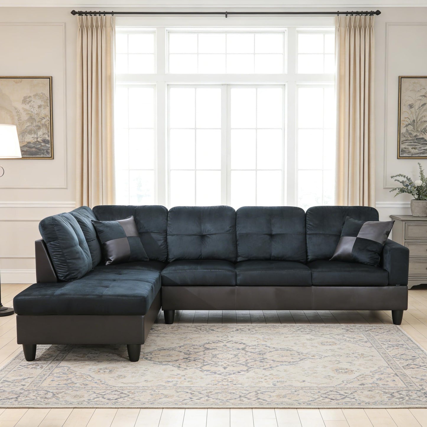 Trygoal 103.5 Inch Modern L-Shaped Couch, Flannel Sectional Sofa with Chaise Lounge, 4-Seater Couch with Accent Pillows for Living Room, Apartment, Dark Blue & Brown