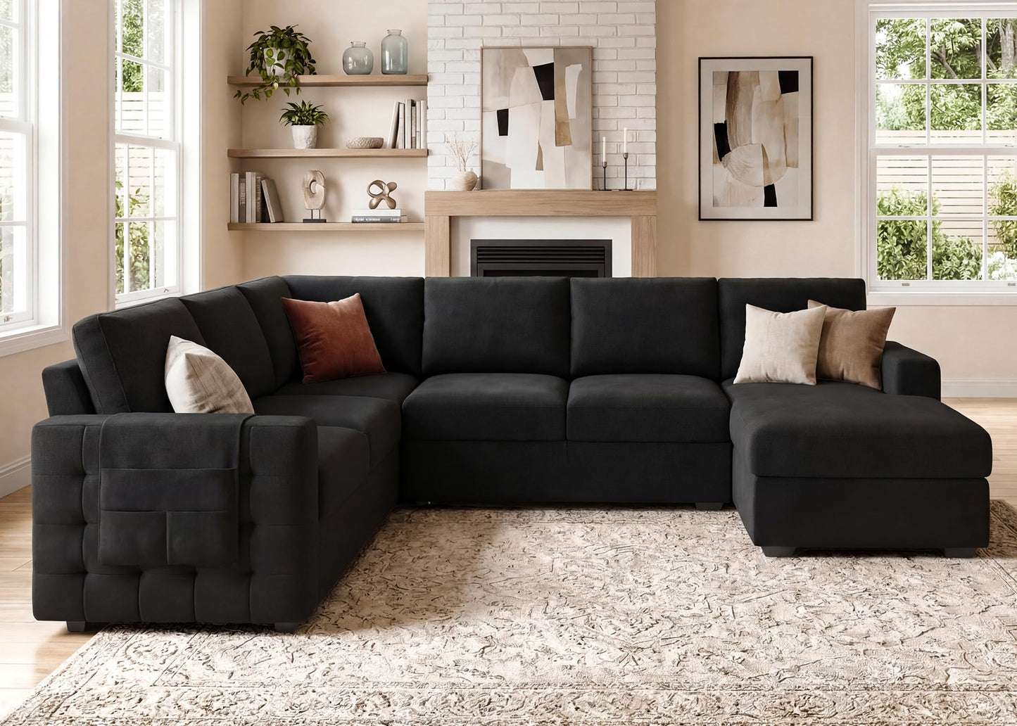 HONBAY Sectional Sleeper Sofa with Pull Out Bed U-Shape Sectional Couch with Storage Chaise 6 Seater Sleeper Sectional Sofa Bed, Velvet Black