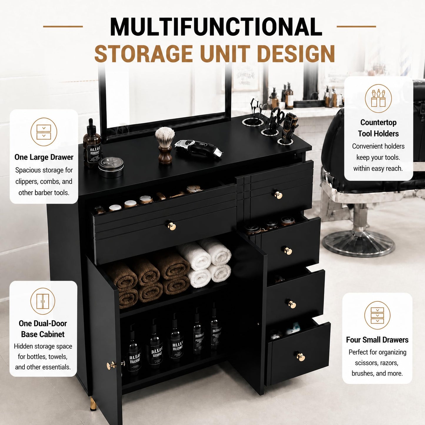 THINK 30 Salon Station, with Metal Fram Mirror, Barber Cabinet with Wall-Mount or Cabinet-Mount Mirror, Styling Station with 5 Drawers, for Hair Salon, Beauty Spa,Gold&Black