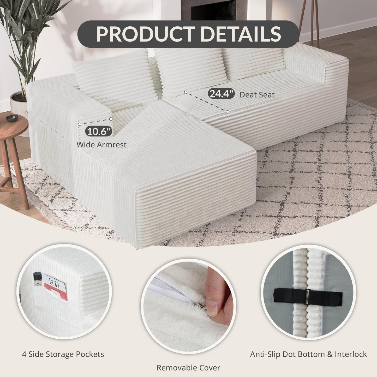 Attalee Modular Sectional Sofa for Living Room, L Shaped Compressed Corduroy Sectional Boneless Couches with Deep Seat and 4 Storage Pockets, Easy Assembly, White