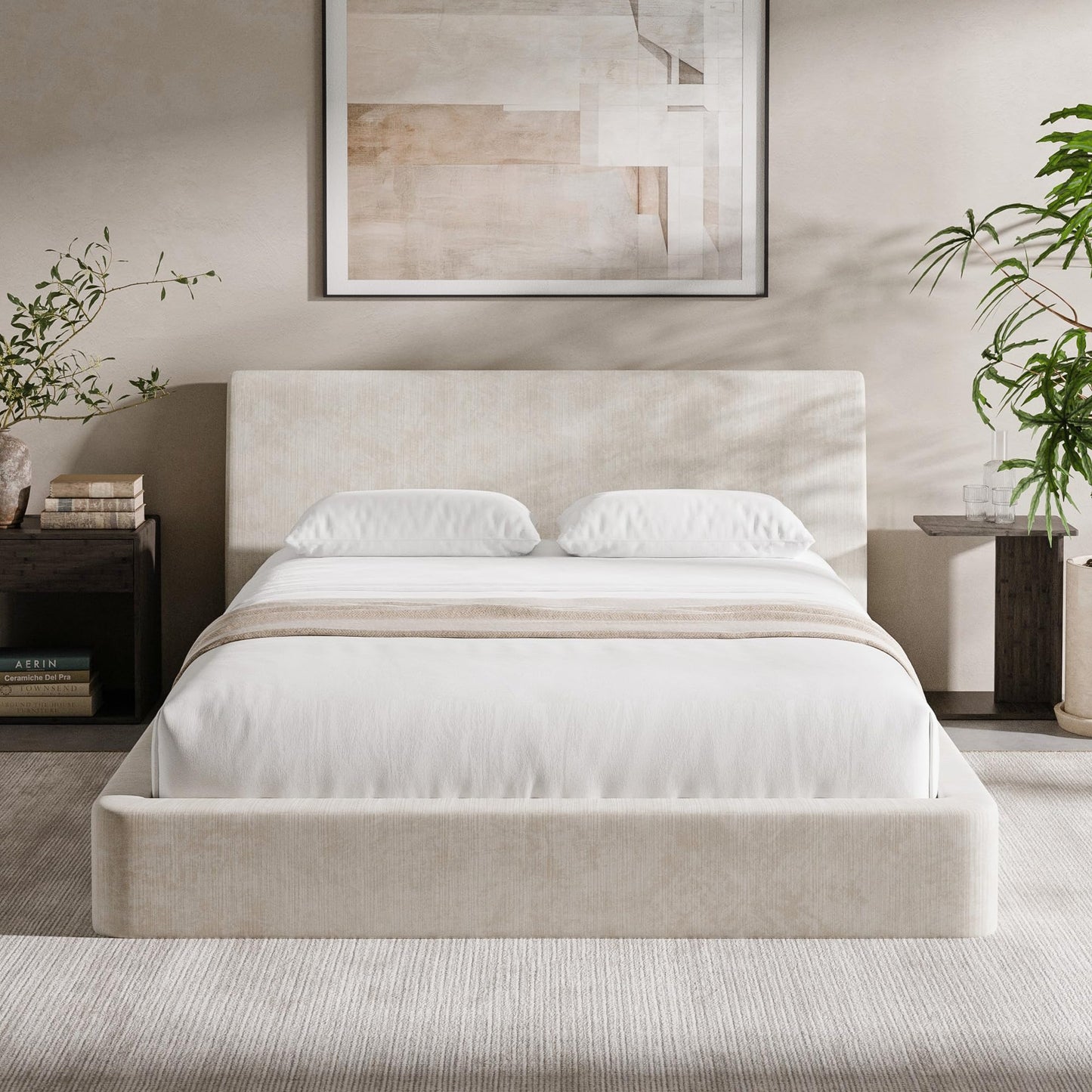 RECCI AirFrame Queen Bed Frame with Ergonomic Angled Headboard, 360° Cushioned Platform Bed Frame, Low Profile Minimalist Soft-Frame Bed, No Box Spring Needed, Easy Assembly, Beige Chenille