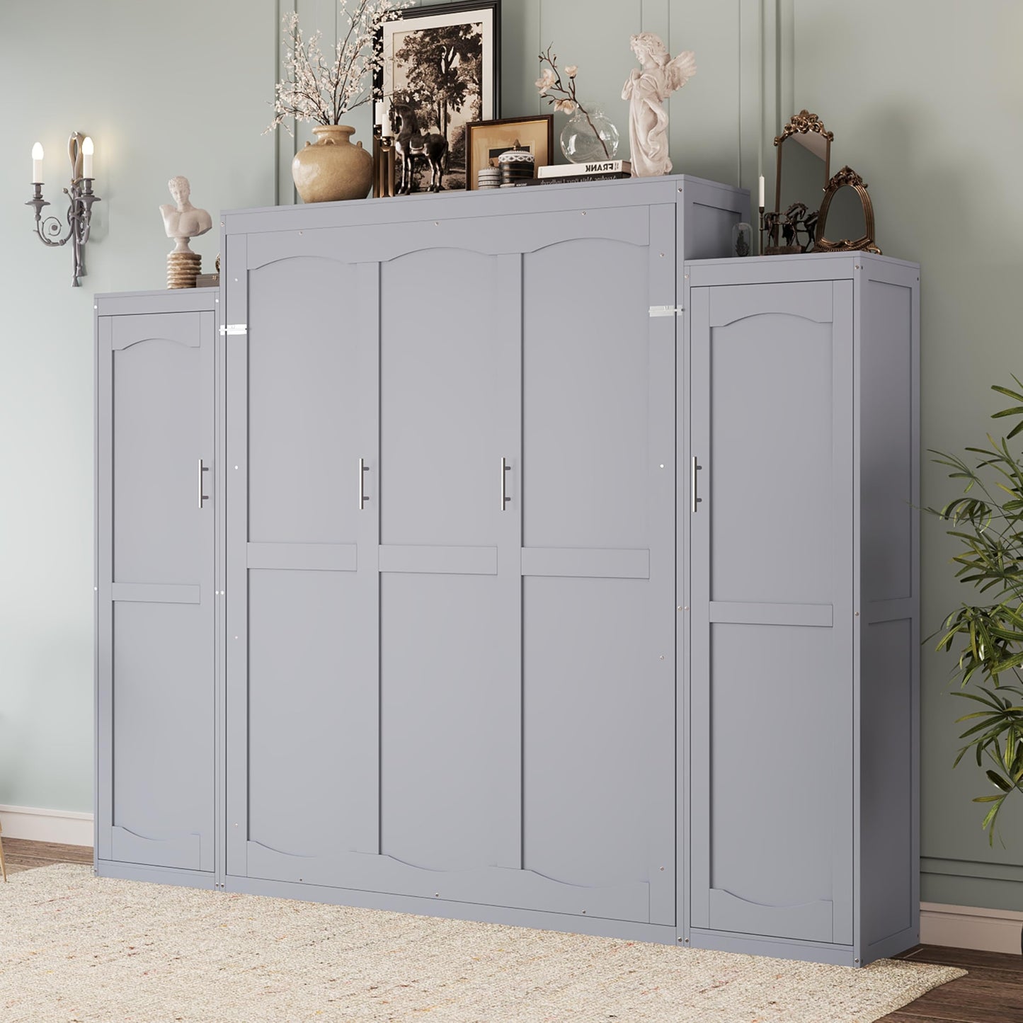 Merax Queen Size Wood Murphy Bed, with 2 Wardrobe and Storage Shelf, Multifunctional Foldable Wall Platform Bedframe for Guest-Room, Bedroom, Gray