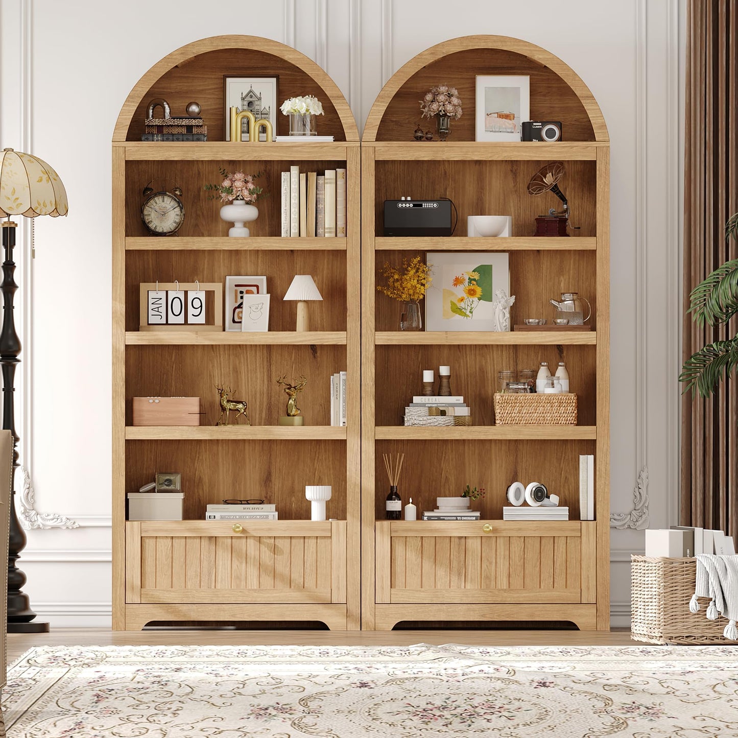 IDEALHOUSE Arched Bookcase with Drawer, 72 Inch Tall Bookshelf with Storage Shelves and Wooden Drawer, Display Bookcase for Living Room, Home Office, Natural Oak with Gold Handles