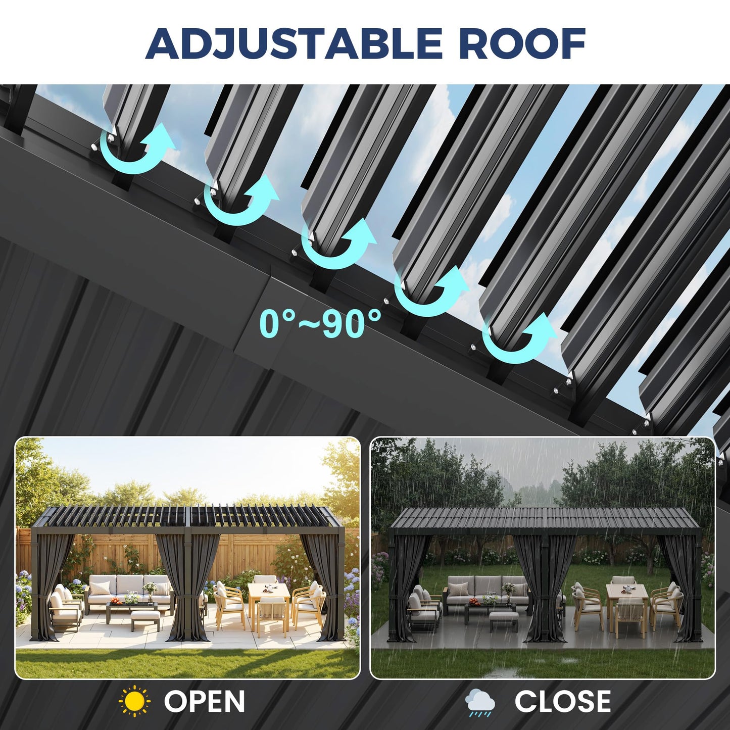 12' x 20' Louvered Pergola, Outdoor Pergola with Metal Adjustable Louvered Roof & Gutter System, Hardtop Patio Gazebo for Backyard, Patio, Garden, Dark Gray