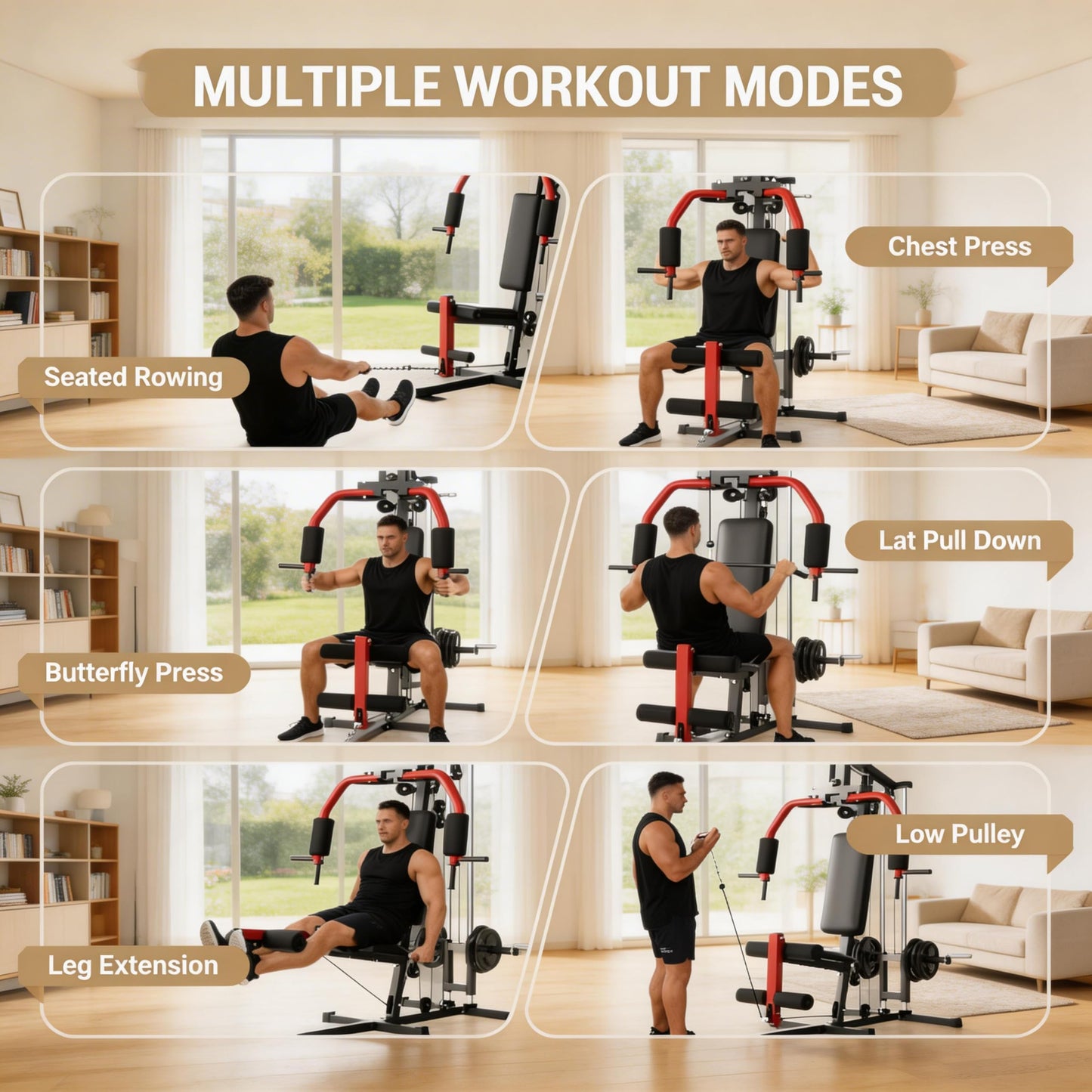 Full Body Workout Machine - 5-in-1 Home Gym Equipment with LAT Pulldown, Chest Press, Leg Extension & Seated Row, 300LB Capacity Strength Training Station, Fits 1” & 2” Weight Plates (Not Included)