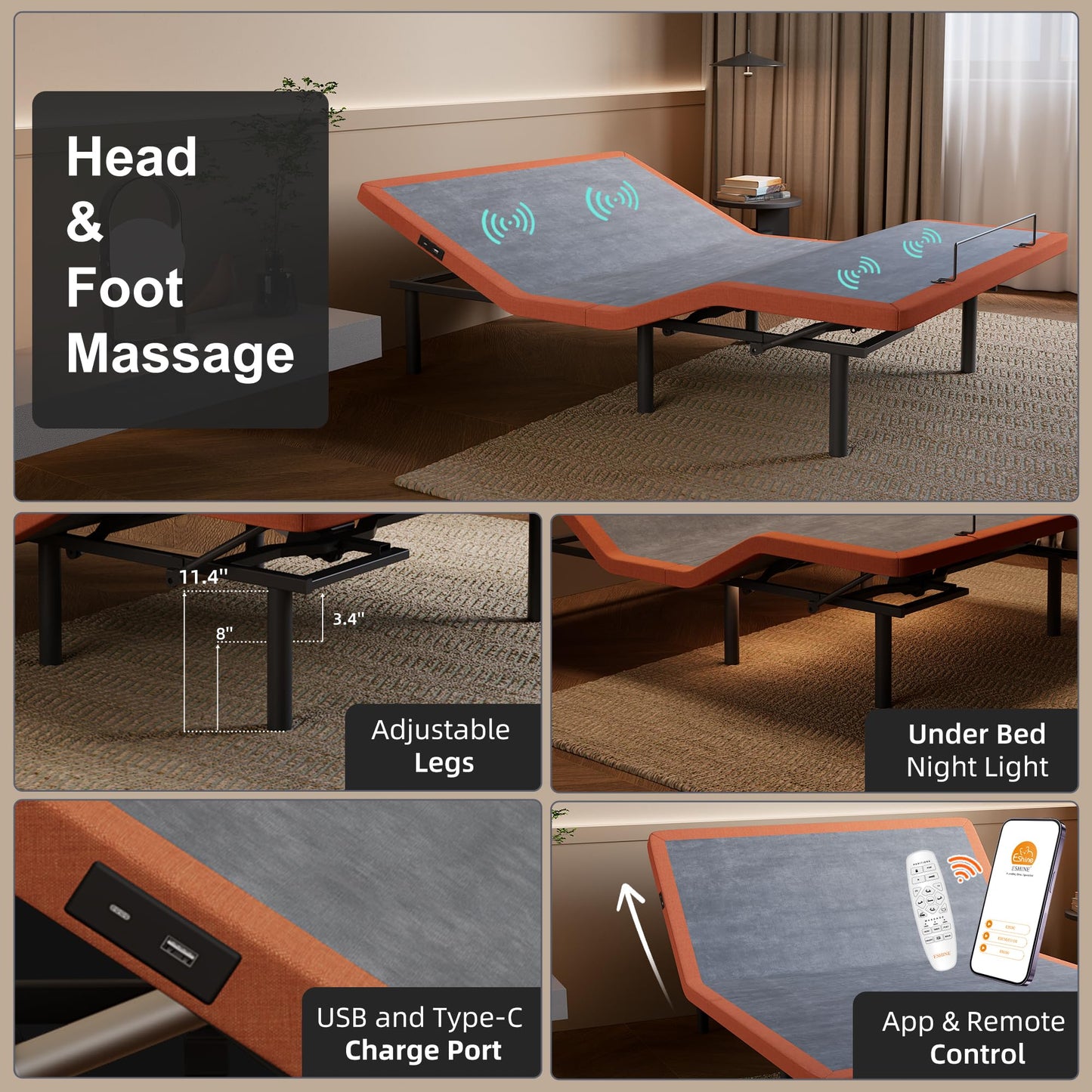 ESHINE Adjustable Bed Frame - Split King Bed Base with Massage, Pillow-tilt, Smart APP Control, Ergonomic Incline, Zero Gravity, Dual USB Port, Under Bed Light, Wireless Remote, 5000 Series