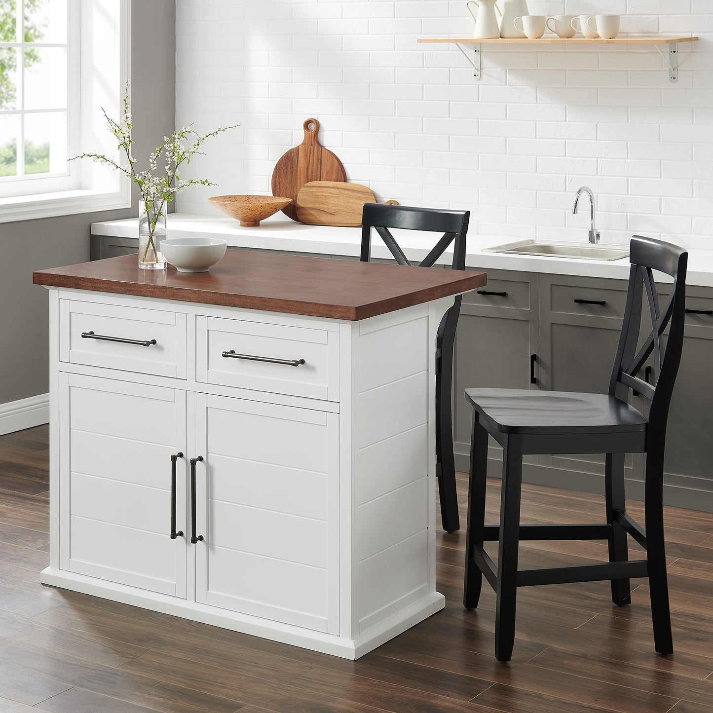 Crosley Furniture Bartlett Kitchen Island with Wood Top and X-Back Stools, White/Black