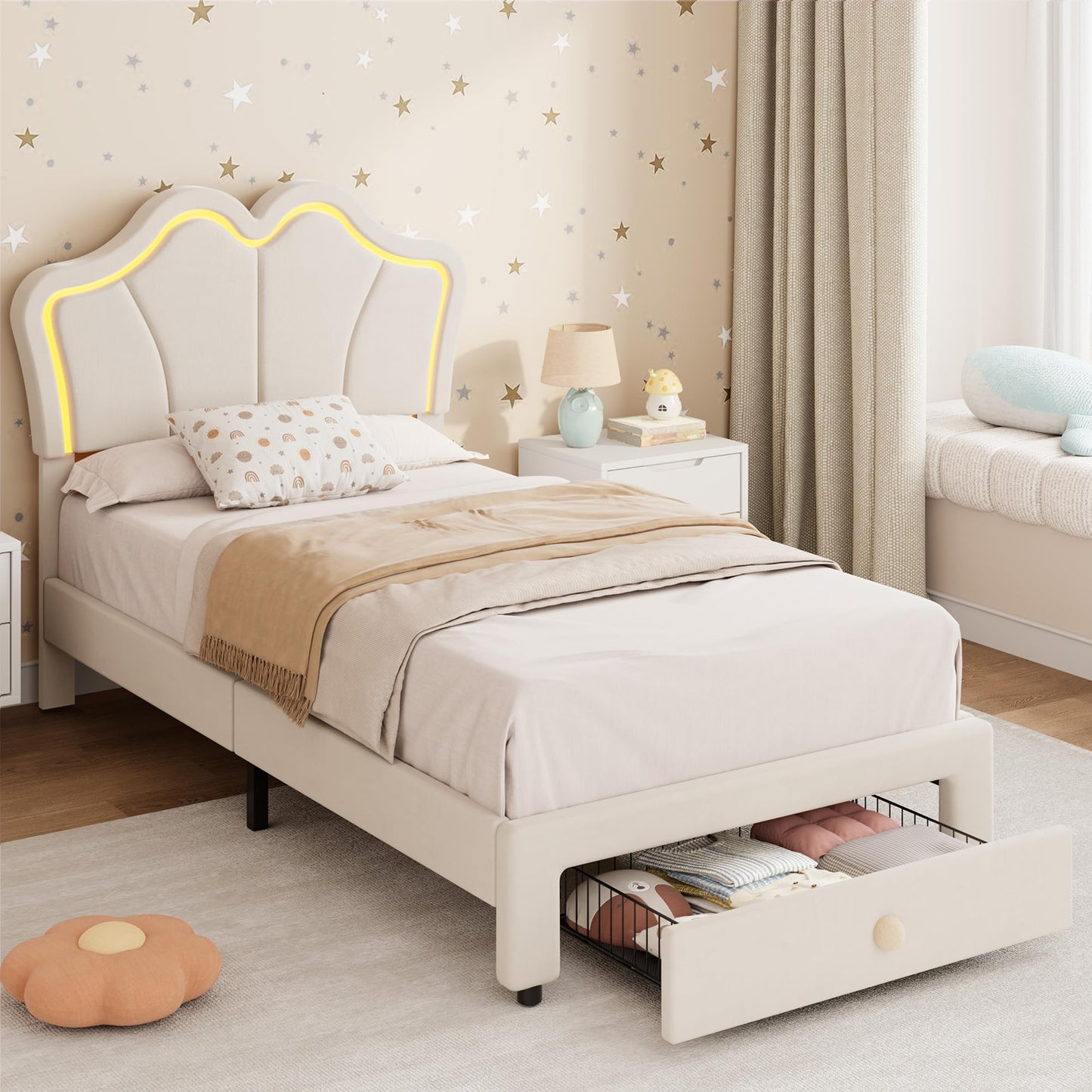 GarveeHome Twin Size Bed Frame with Storage Drawer, Velvet Upholstered Platform Bed Frame with Headboard & LED Light, No Box Spring Needed, Fits 8-10 in Mattress