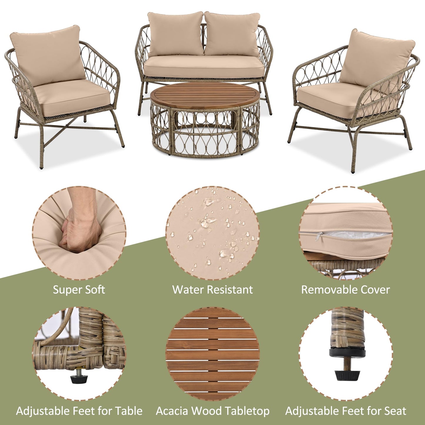 Merax 4-Piece Bohemian Patio Furniture Set, Outdoor Wicker Conversation Set with Single & Loveseat Chairs, Removable Cushions, Wood Tabletop Coffee Table for Garden, Backyard, Balcony, Porch, Poolside