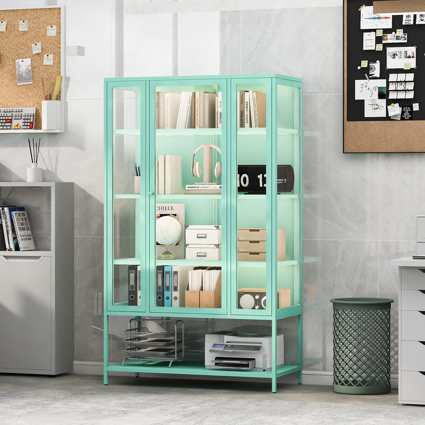 Merax 67" Tall Glass Display Cabinet with Adjustable Shelves and LED Lights, for Collectibles, Modern Steel Storage Curio Cabinet with 3-Sided Glass Display Case for Home Office Study Room, Cyan