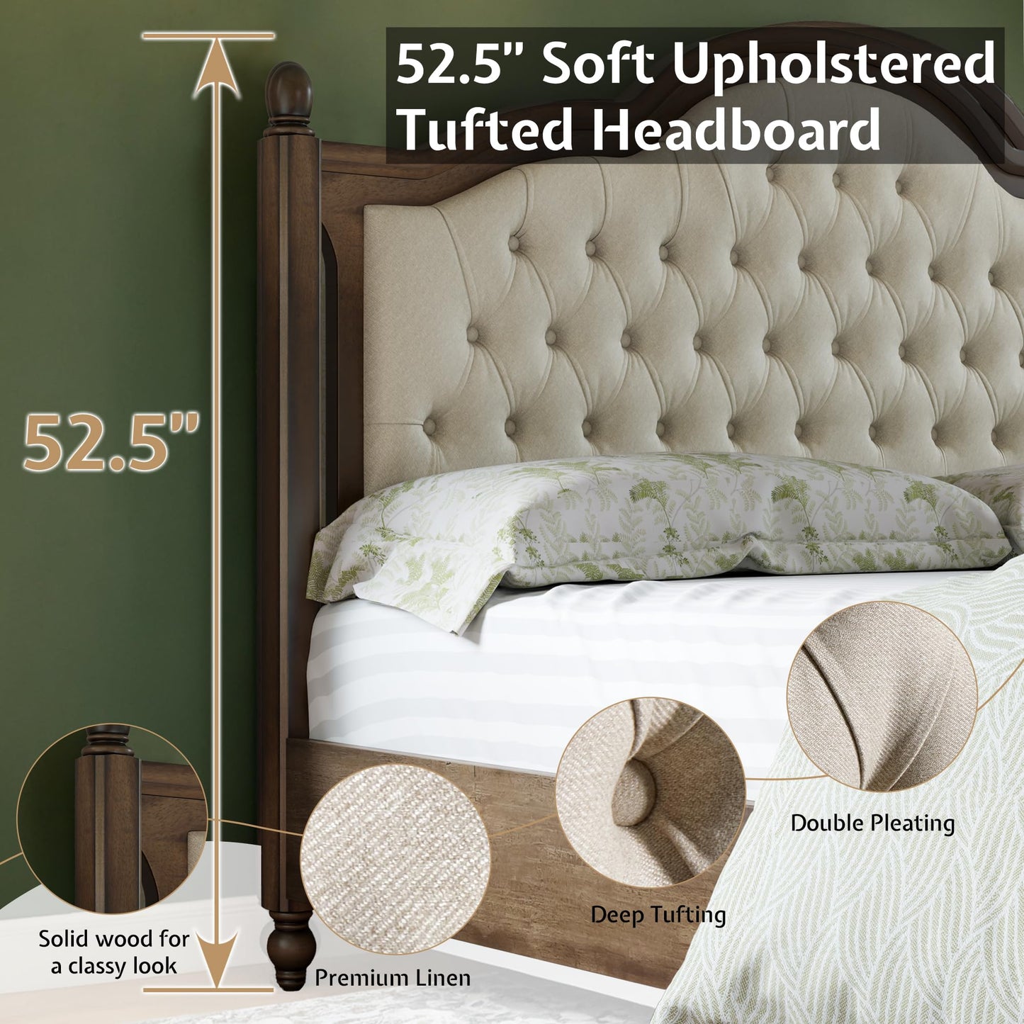 YUMPIE Queen Size Solid Wood Bed Frame, Transitional Platform Bed with 52.5" Tufted Upholstered Headboard, Rubberwood Construction, Roman Column Accents, No Box Spring Needed