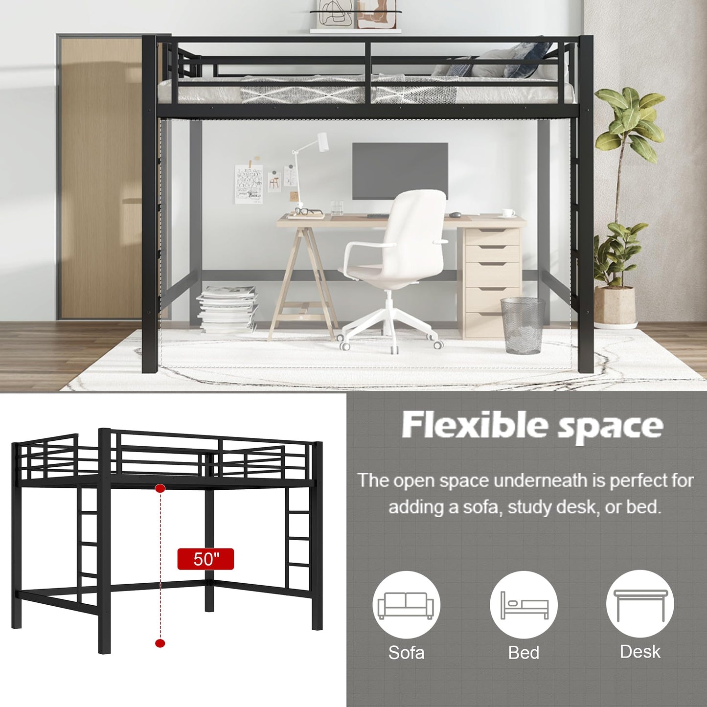 Metal Queen Size Loft Bed,Heavy Duty Loft Bed Frame Queen Size with 2 Ladders and Full Length Guardrails for Kids, Teens, Adults, Noise-Reducing,Space-Saving,Black