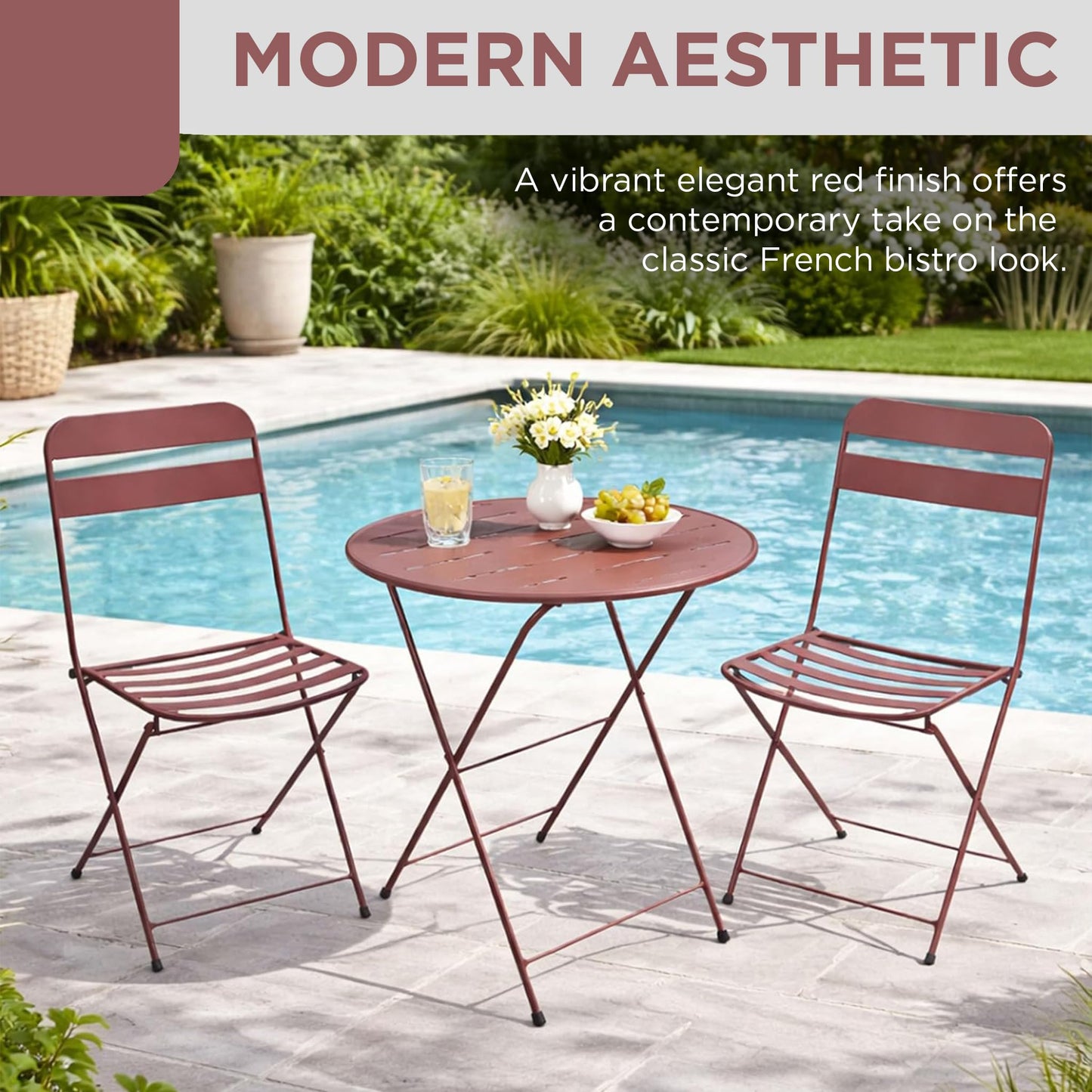 Alpine Corporation VTFAM168A-RD 3-Piece Red Metal Folding Bistro Set – 20" Round Patio Table with 2 Folding Chairs – Portable Indoor/Outdoor Balcony & Garden Furniture Set