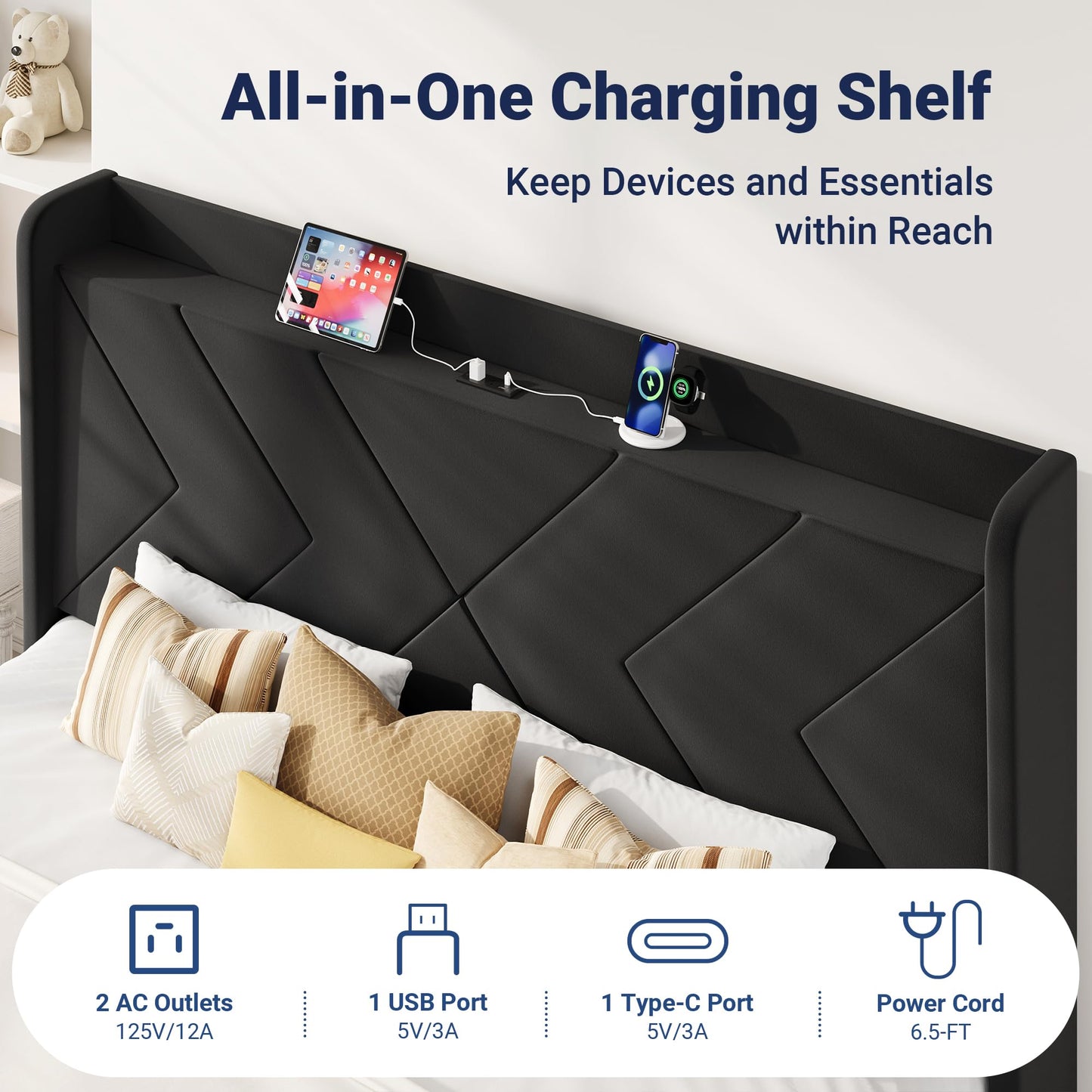 Allewie King Size Platform Bed Frame with Charging Station and Storage Shelf/Upholstered Velvet Wingback Headboard/Wooden Slats Support/No Box Spring Needed/Easy Assembly, Black