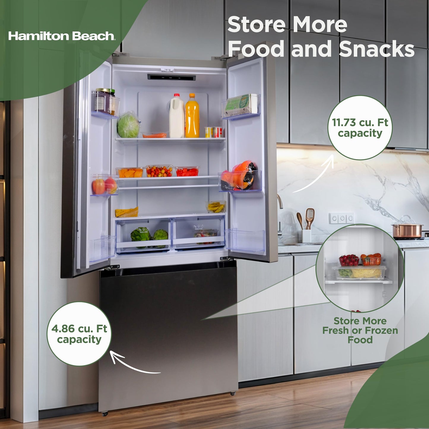 Hamilton Beach HBF1662 French Door Full Size Counter Depth Refrigerator with Freezer Drawer, 16.6 cu ft, Stainless