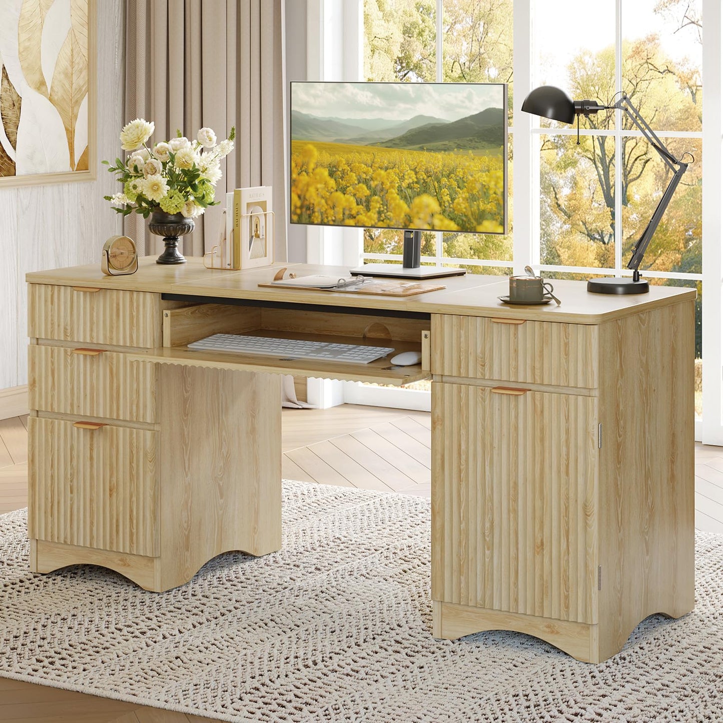 Bestier 63 Inch Home Office Desk with Drawers, Fluted Executive Desk with Ample File Drawer, Keyboard Tray & Storage Cabinet for Study, Living Room, Bedroom, Natural Oak