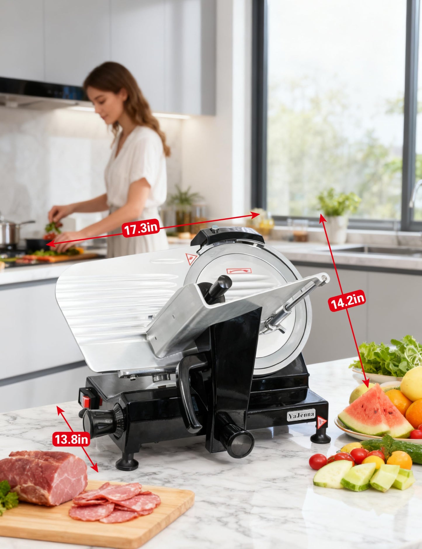 YaJenna Black Electric Meat Slicer 10" 300W Deli and Ham Food Cheese Jerky Steak Slicer Cutting Machine with ETL Approved Semi-Auto 0-15MM Adjustable Slice Thickness