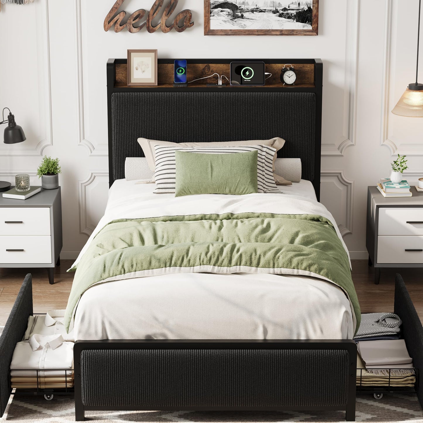 Garvee Twin Size Bed Frame with 2 Storage Drawers and Charging Station, Rustic Linen Upholstered Platform Bedframe with Storage Headboard, No Box Spring Needed, Easy Assembly, Noise Free-Black