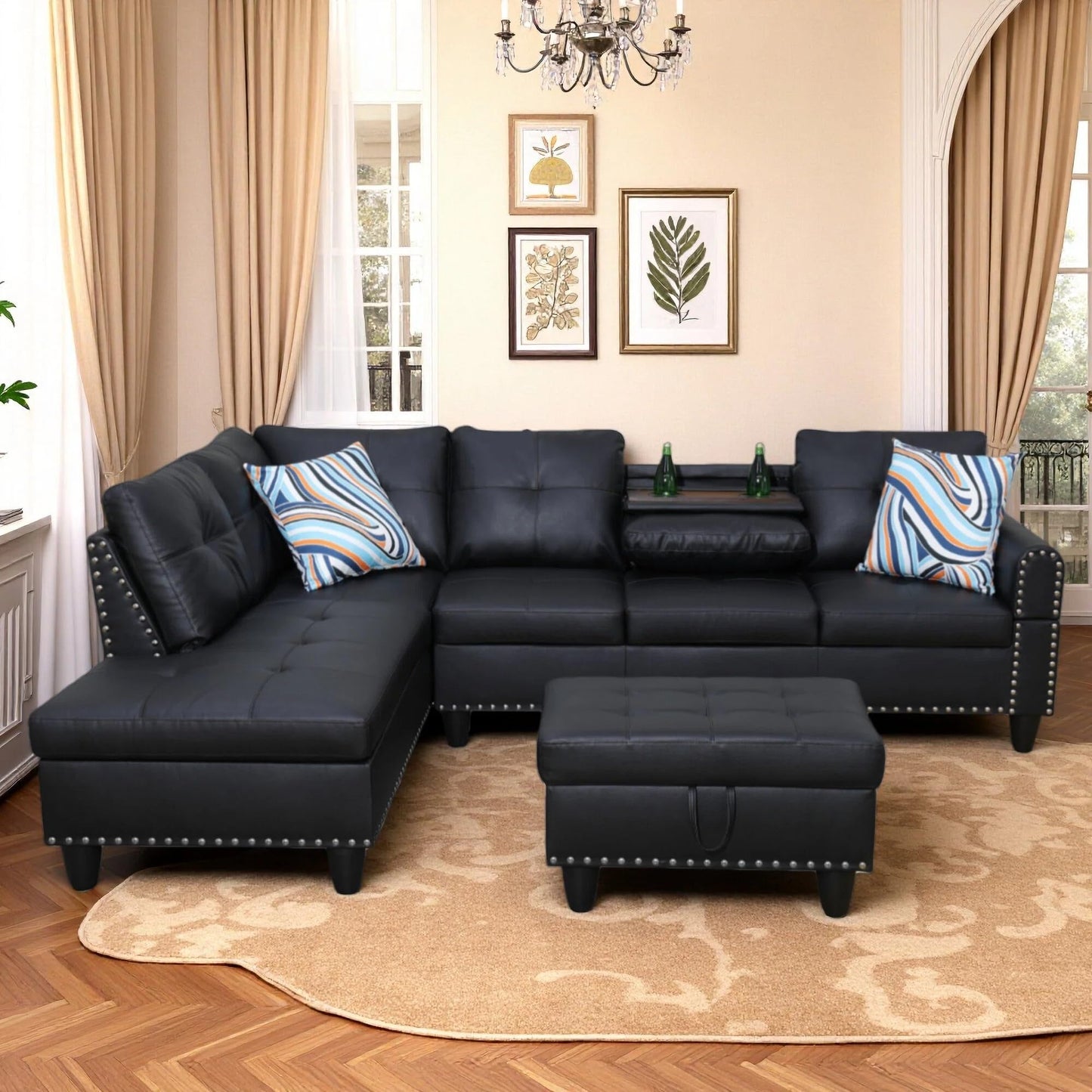 Trygoal Leather 3-Piece L-Shaped Couches for Living Room, Sectional Sofa with Storage Ottoman & Movable Chaise, Modular Convertible Couch for Bedroom & Apartment, Midnight Black