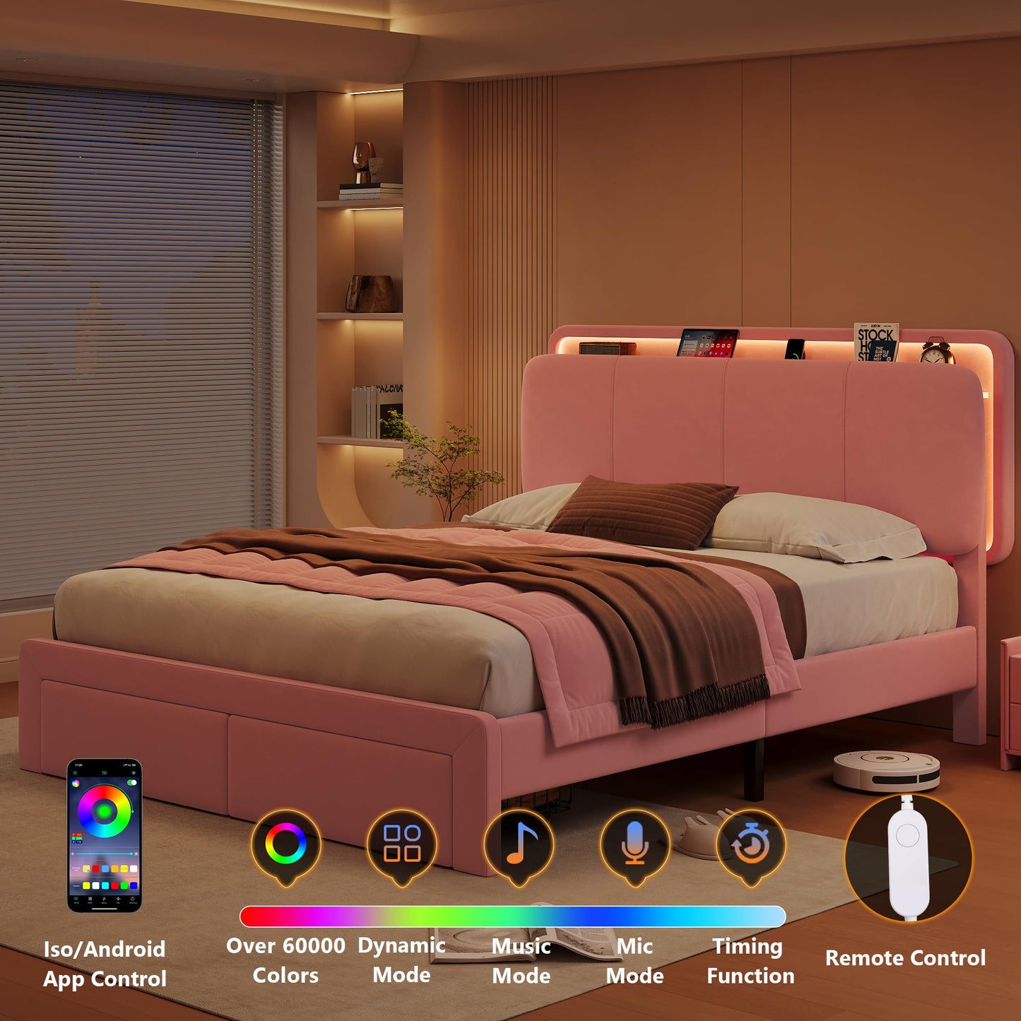 Feonase Full Upholstered Bed Frame with Headboard and 2 Storage Drawers, Built-in Charging Station, Velvet Platform LED Bed with Solid Wood Slat Support, No Box Spring Needed, Pink