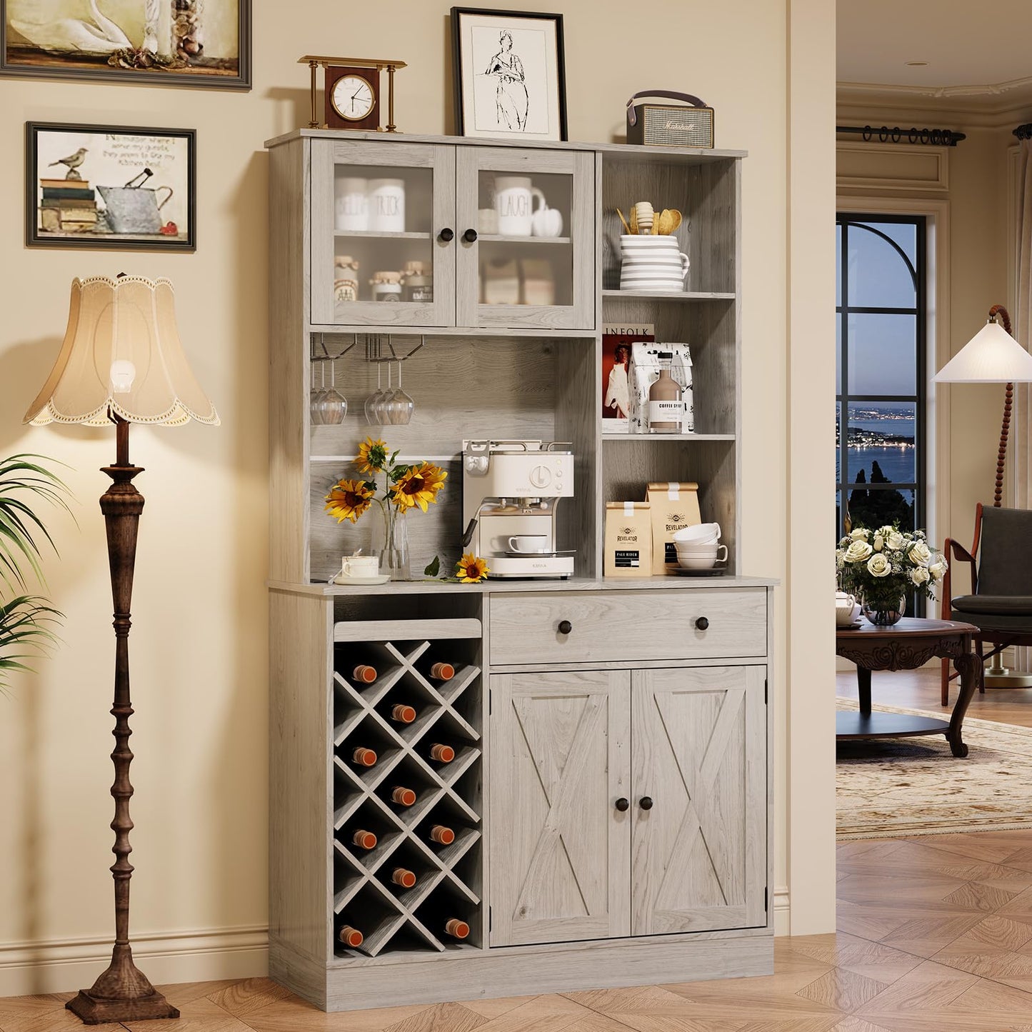 Hetoy 72" Tall Kitchen Pantry Cabinet with Power Outlet – Barn Doors, Wine Bottle Rack & Ample Storage – Modern Sideboard Buffet for Dining Room, Kitchen, or Home Bar