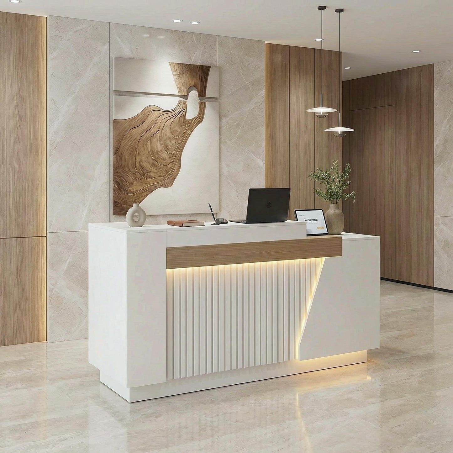 NOWIHOP Modern Reception Desk with LED Lights & Counter, 63" Front Desk with Built-in Outlets, White Checkout Counter with Lockable Drawers and Storage Shelves for Office, Salon, Retail and Lobby