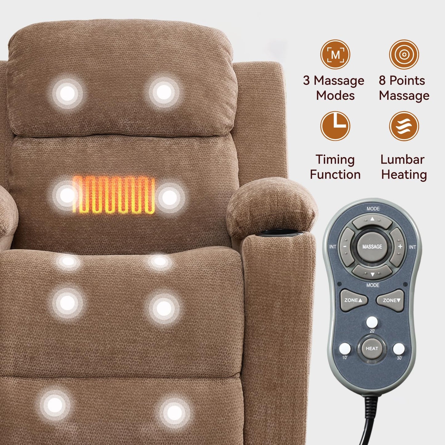 KEIKI Power Lift Recliner Chair for Seniors, Infinite Position Single Motor Lift Chair with Massage and Lumbar Heating, Upholstered Armchair Single Sofa with Cup Holders for Living Room, Brown