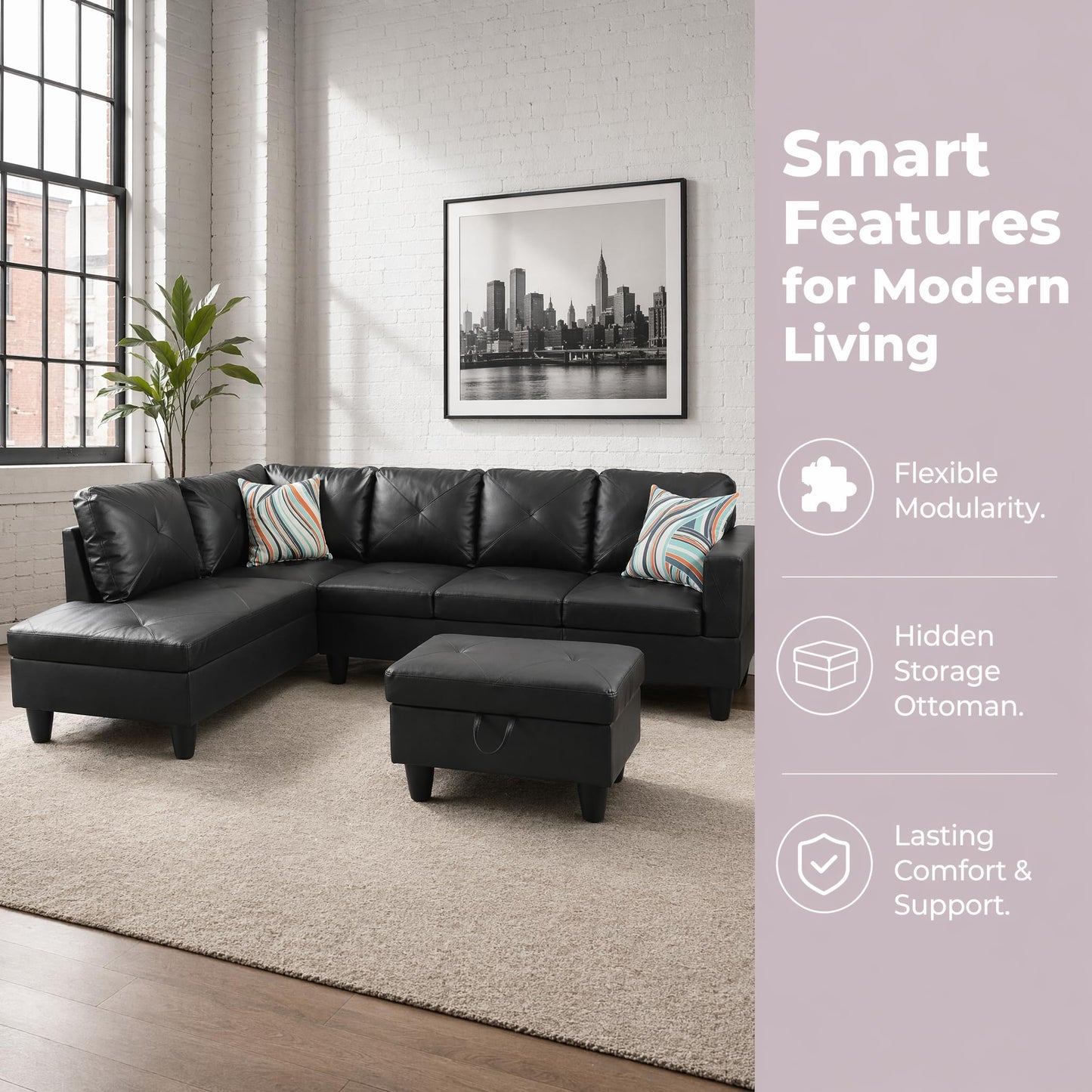 Trygoal 97" Leather L Shaped Couch with Left Chaise & Cup Holder, Sectional Sofas Modular Furniture Set with Storage Ottoman, Convertible Couches for Living Room, Small Space & Office (Black)